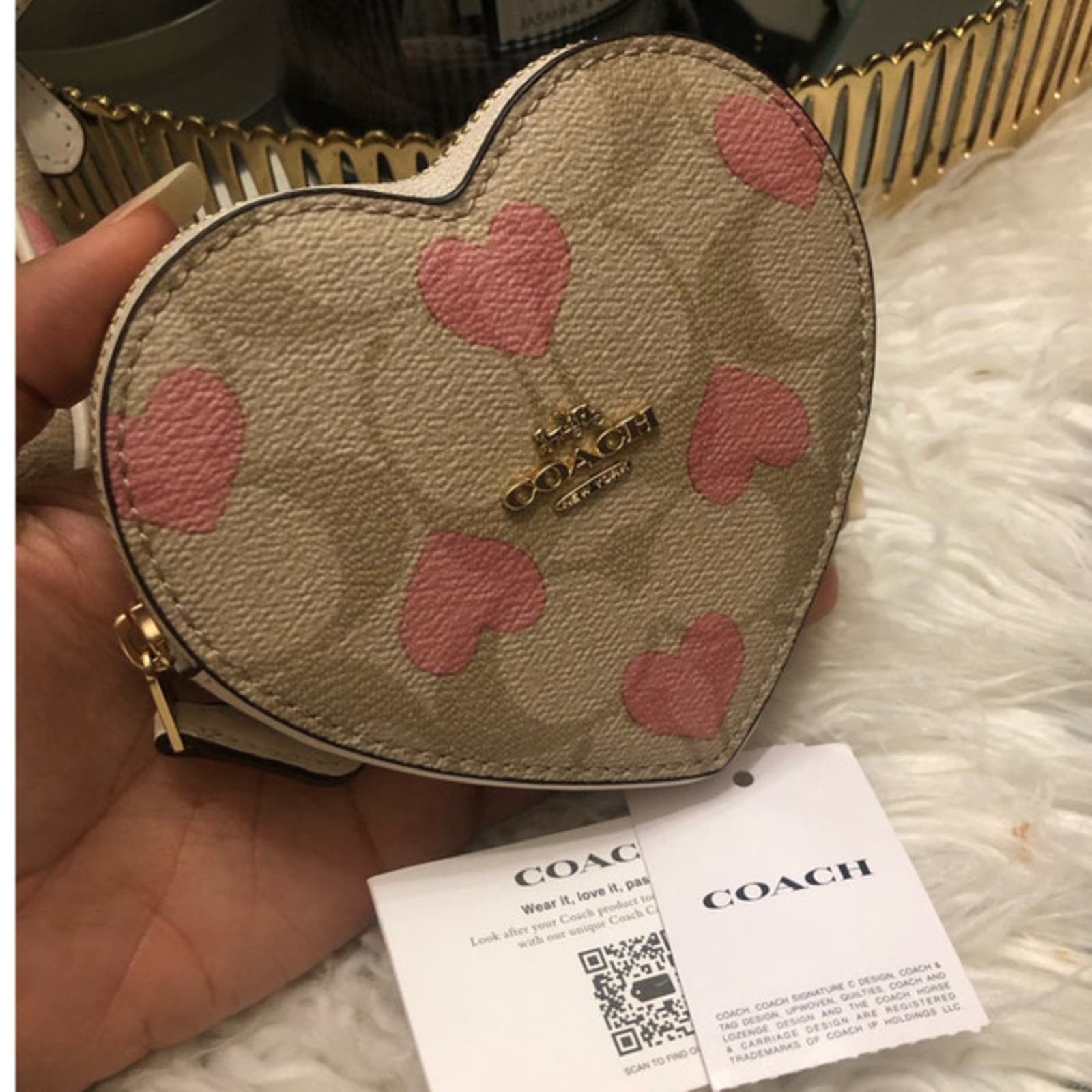 image of New Coach Coin Case In Signature Canvas With Heart in Pink, Women's