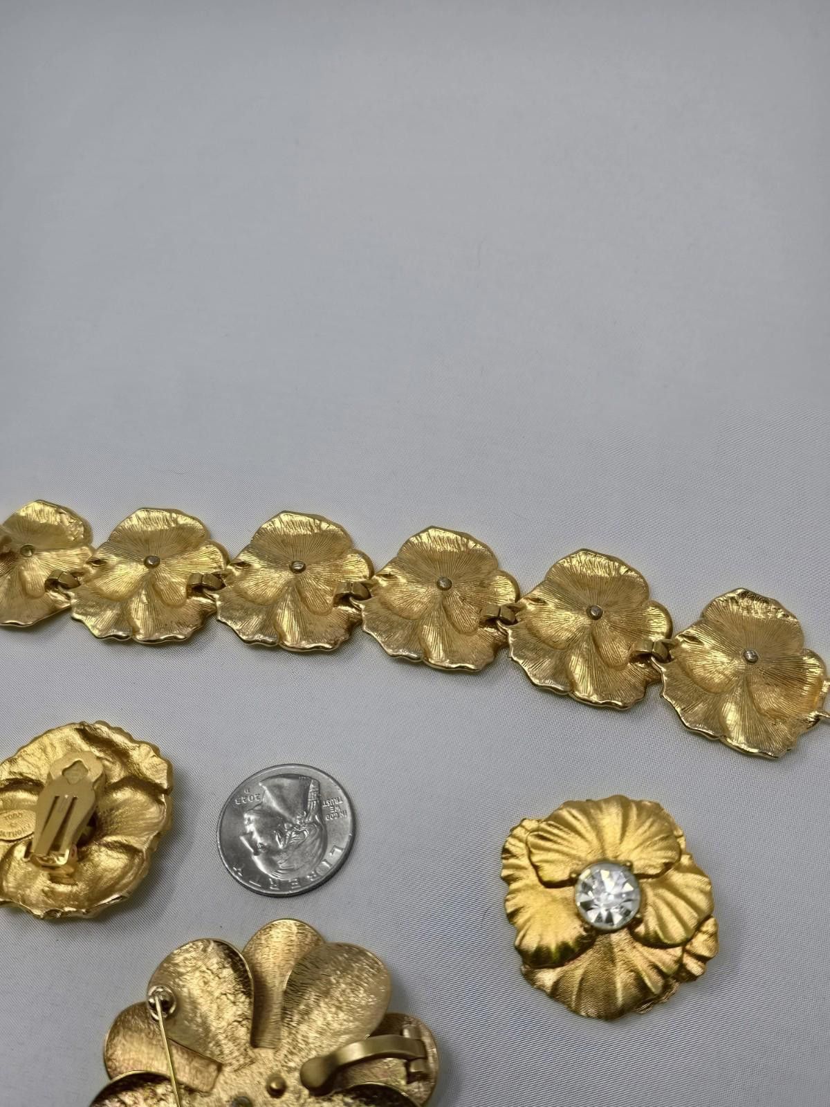 Anthony Vaccarello Gold-Tone Floral Jewelry– Bracelet, Brooch & Signed Earrings Size ONE SIZE - 3 Thumbnail