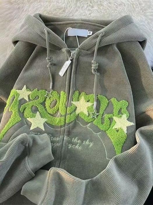 image of Green Color Letter Embroidery Hoodies, Men's (Size Medium)