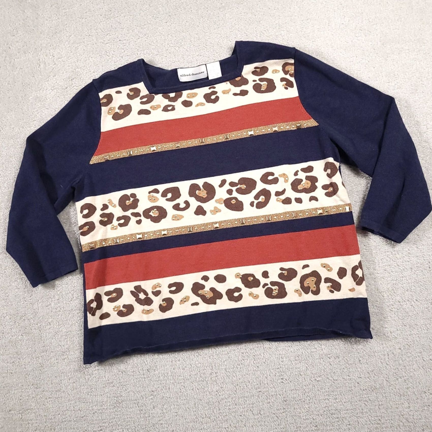 Vintage Alfred Dunner Shirt Women's Large 3/4 Sleeve Square Neck Animal Print Studded Size L / US 10 / IT 46 - 2 Thumbnail