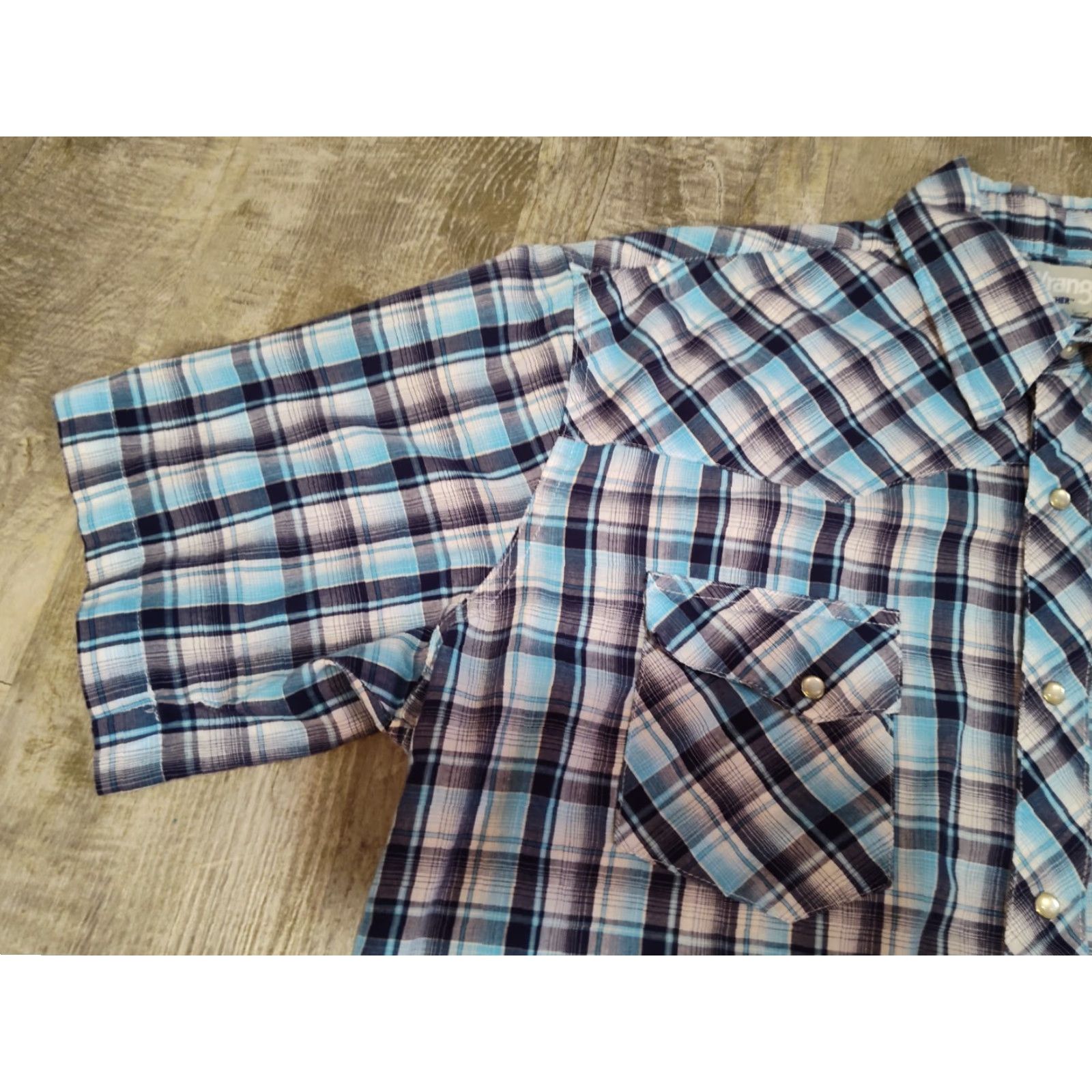 Wrangler WRANGLER Wrancher Blue Plaid Short Sleeve Snap Button Shirt Large Western Mens Size US L / EU 52-54 / 3 - 6 Thumbnail