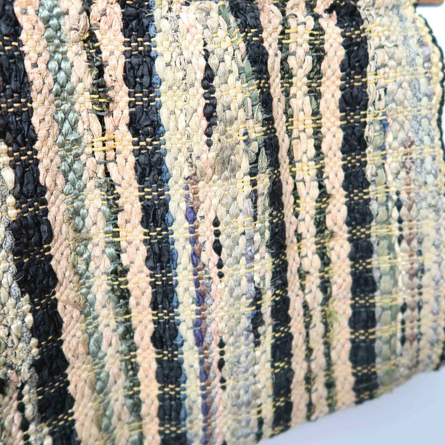 Vintage VINTAGE Handbag Purse 70s Tan Black Stripe Woven Wooden Handle Women Casual Hippy 13" x 13" Size ONE SIZE - 2 Thumbnail