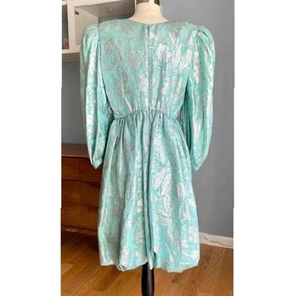Vintage VINTAGE Diane Dickinson Cocktail Dress 12 Blue 1980s Silk Brocade Puff Sleeves Eveningwear Mens Womens Girls Size XL / US 12-14 / IT 48-50 - 3 Thumbnail