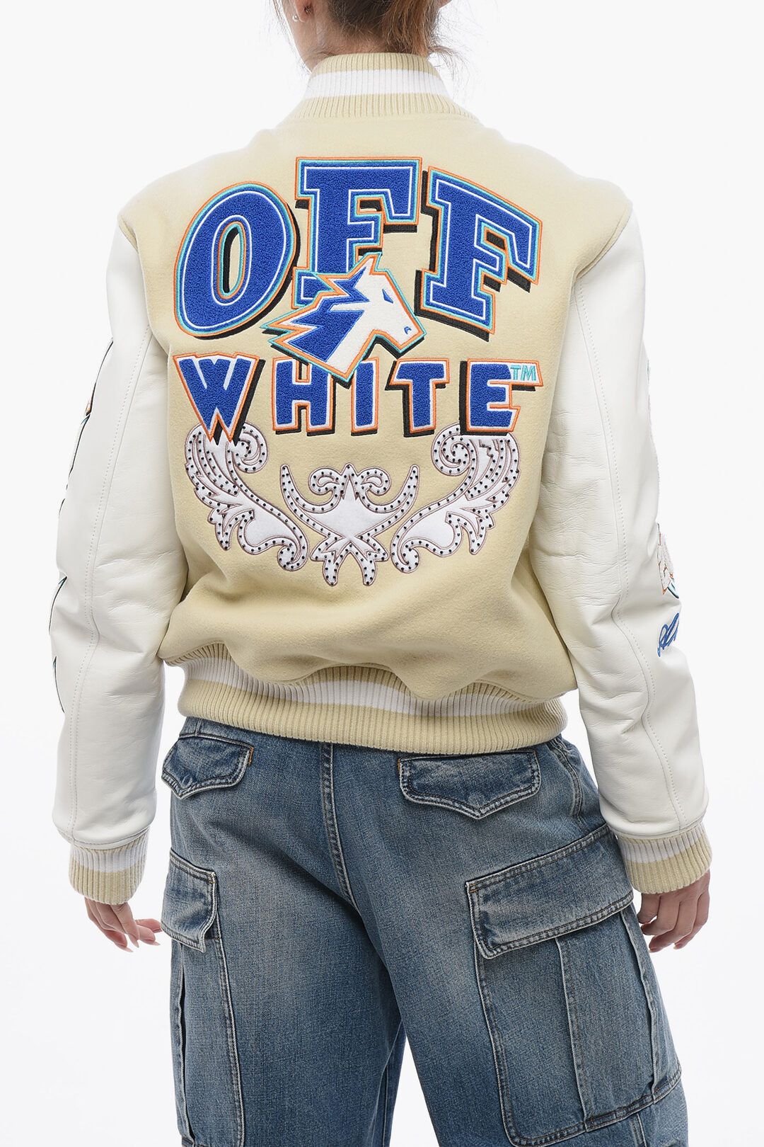 og1mm1125 Padded Thunderbolt Bomber Jacket in Beige/White