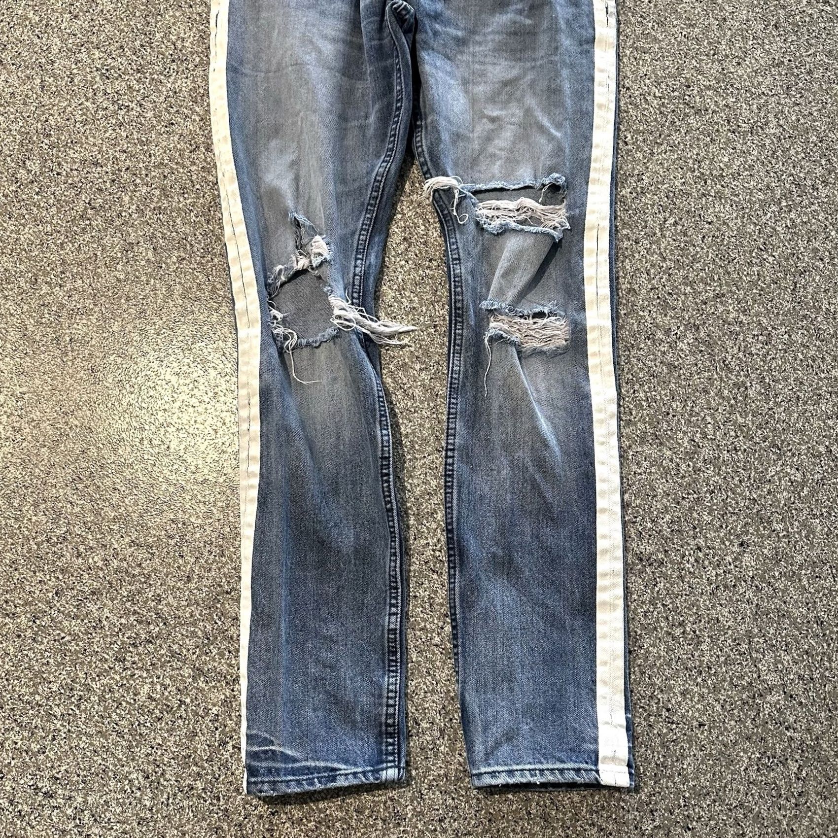 Pacsun Pacsun Stacked Skinny Jeans Side Stripe Stretch Men's 31 x 32 Distressed Denim Blue 98% Cotton 2% Spandex Slim Stretch Jeans Mens XS? Size US 31 - 4 Thumbnail