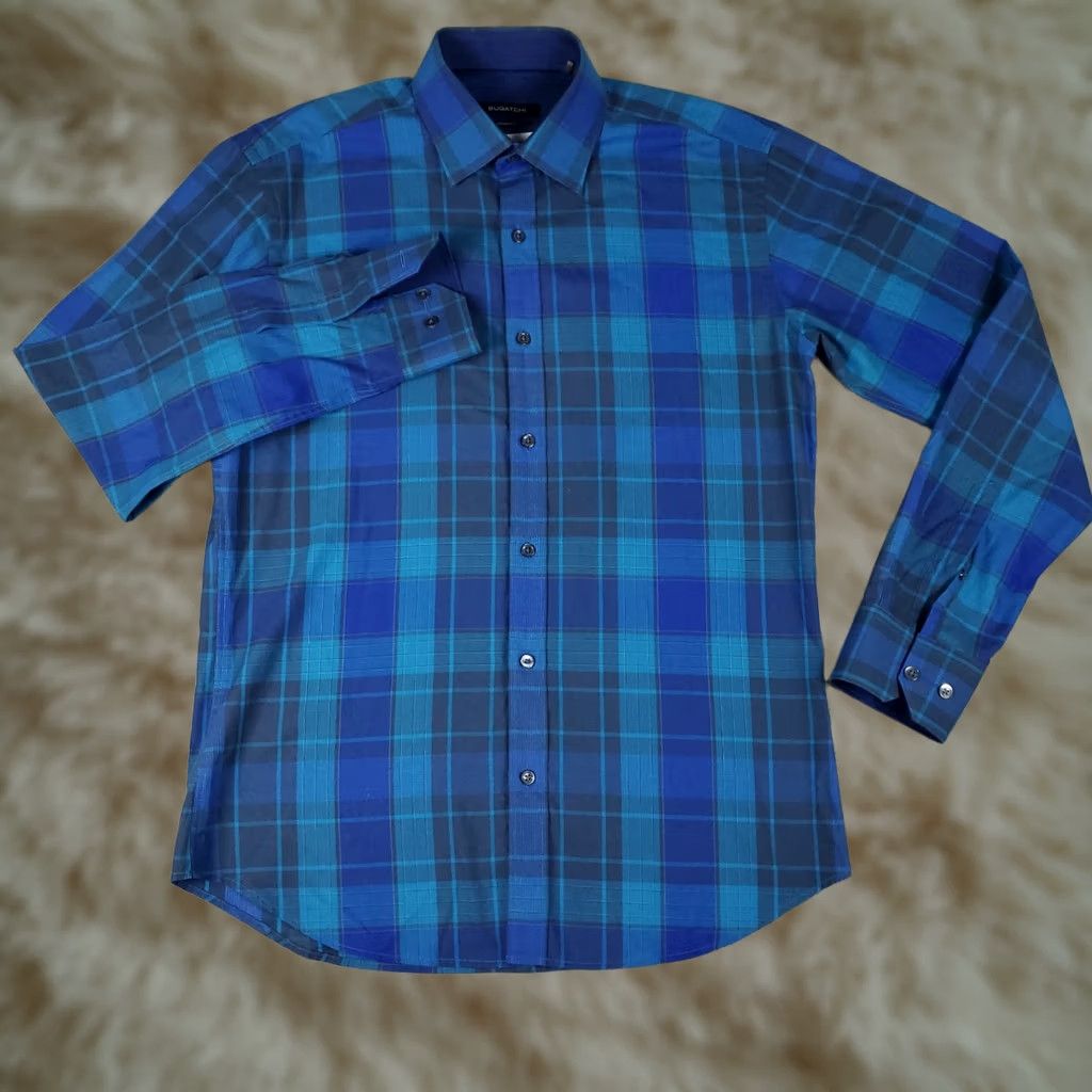BUGATCHI Bugatchi Shirt Mens Medium Plaid Blue Cotton Button-Up Long Sleeve Collared Size US M / EU 48-50 / 2 - 1 Thumbnail