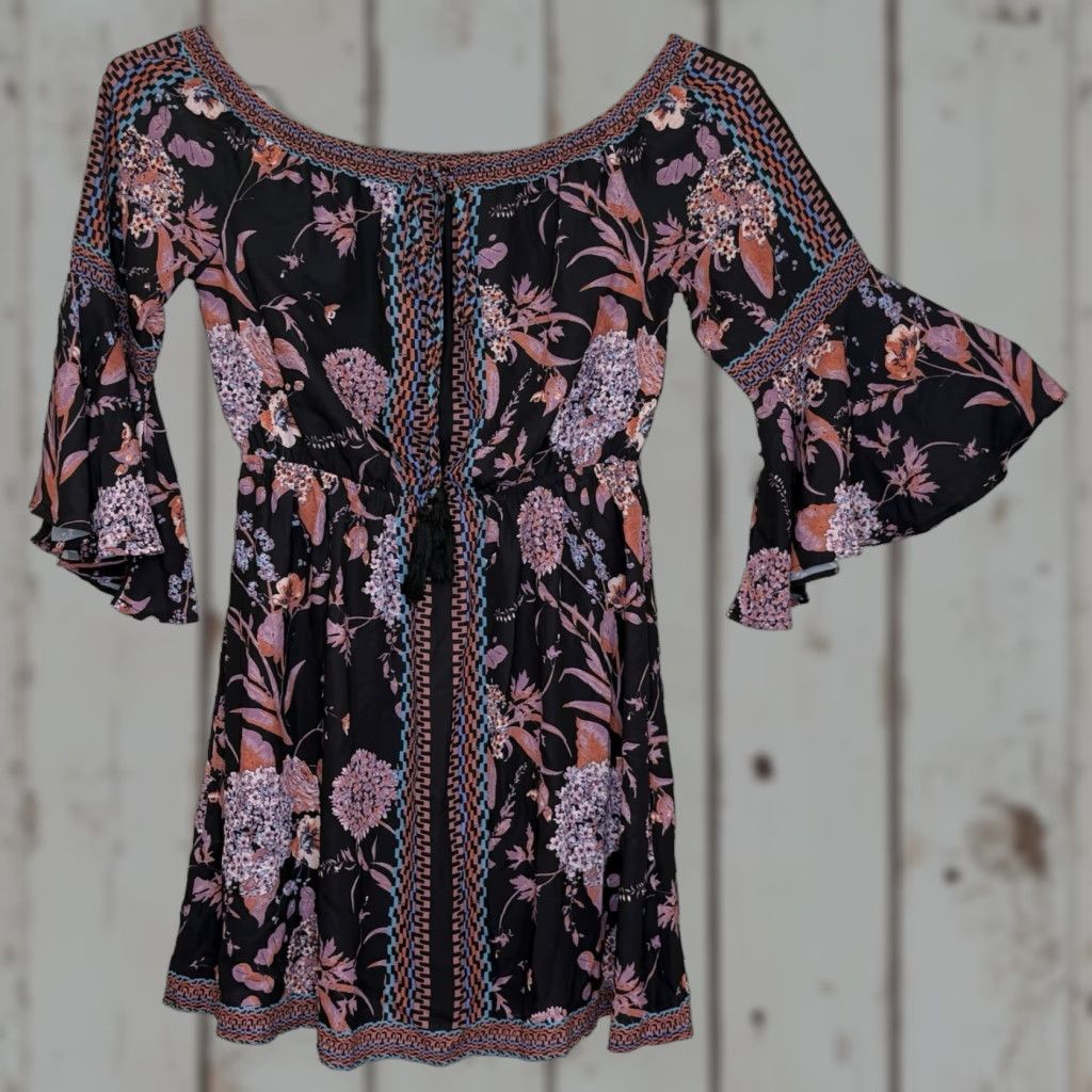 Bell Jealous Tomato Mini Dress Black Floral Print 3/4 Bell Sleeve Boho Off Shoulder/Shoulder Elastic Waist Size M Womens Size M / US 6-8 / IT 42-44 - 1 Thumbnail