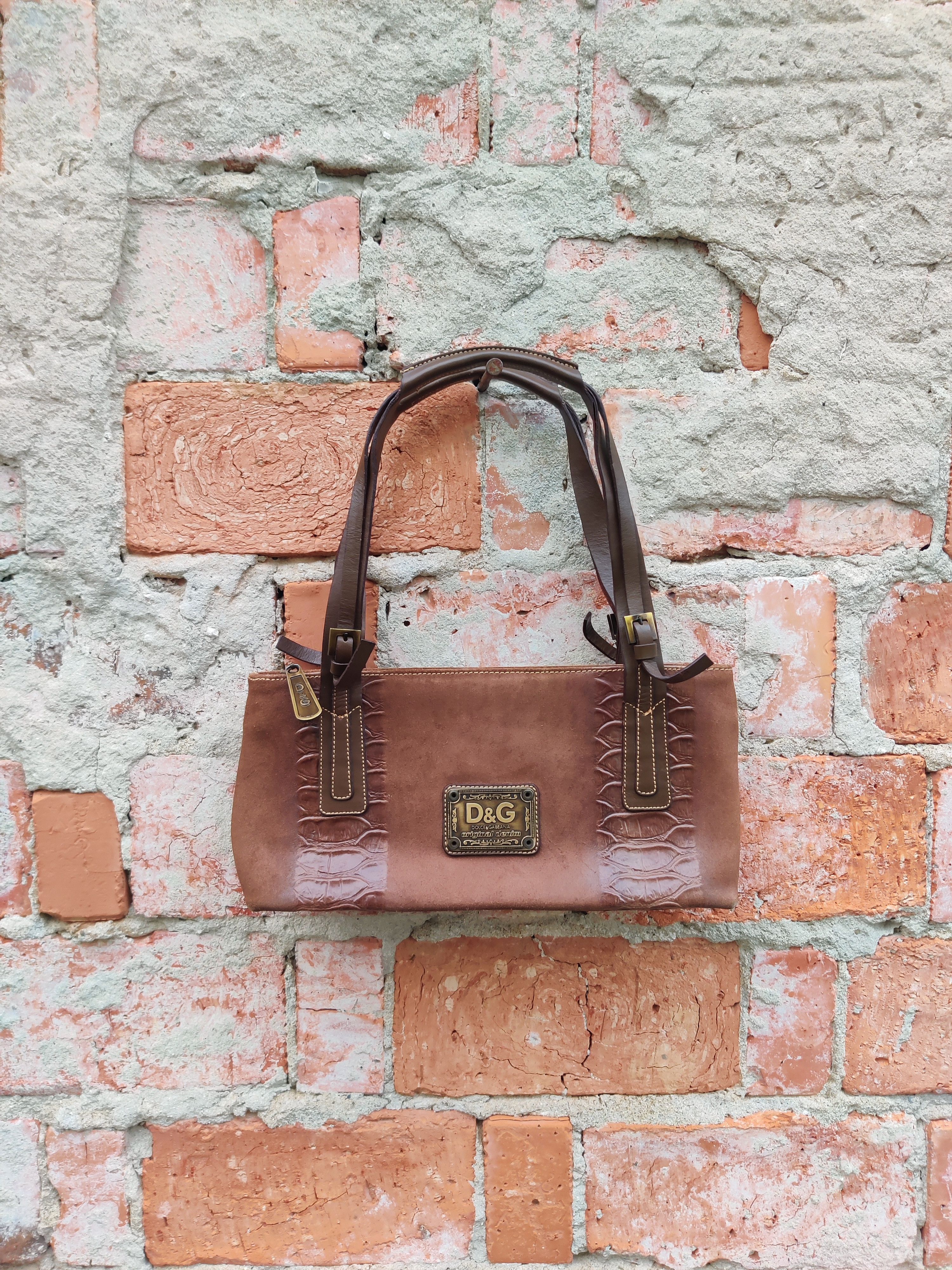 Vintage Dolce Gabbana Suede Leather Baguette Hand Bag in Brown, Women's