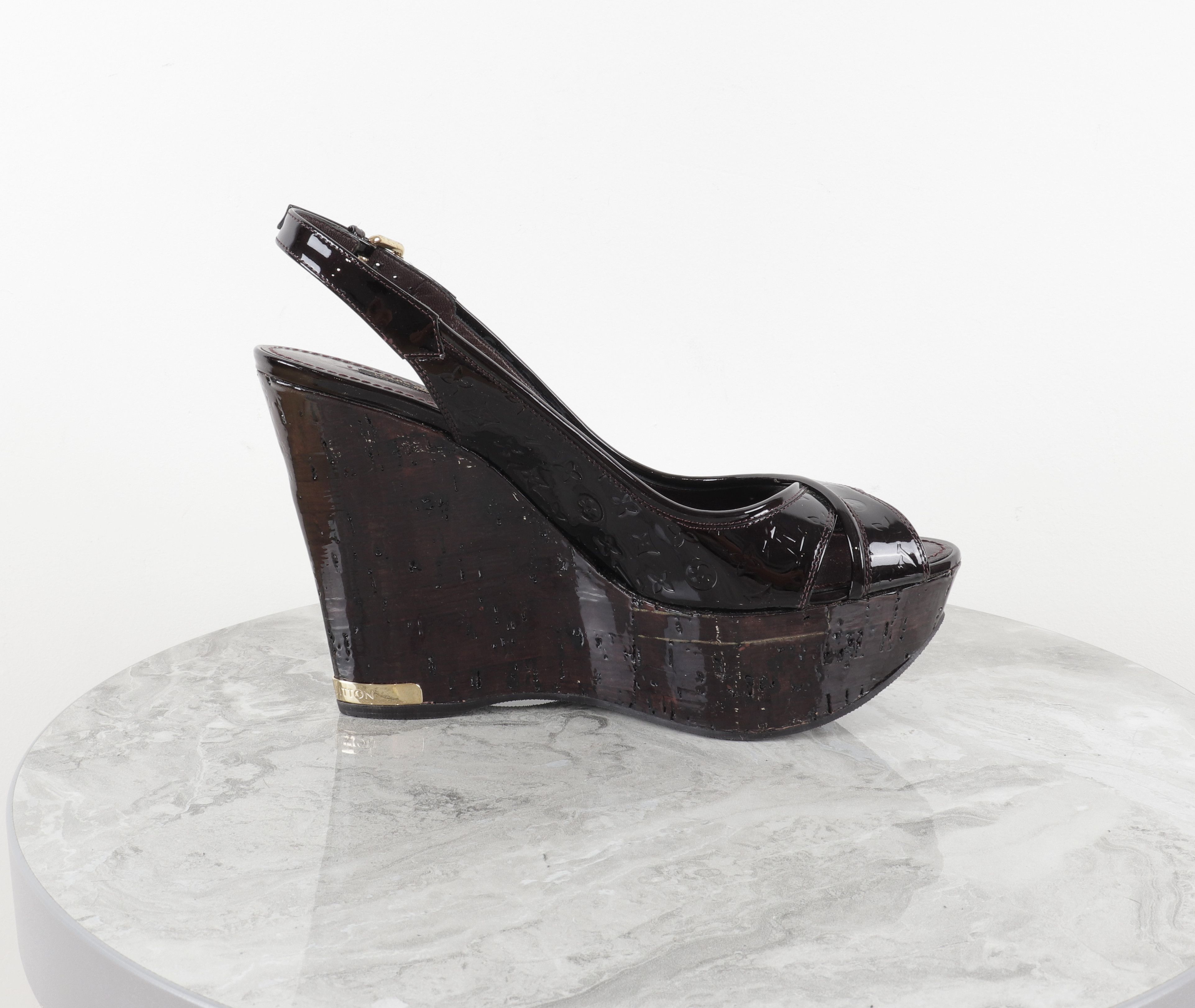 Louis Vuitton Louis Vuitton Monogram Patent Leather Burgundy Wedge Sandals Size US 7.5 / IT 37.5 - 3 Thumbnail