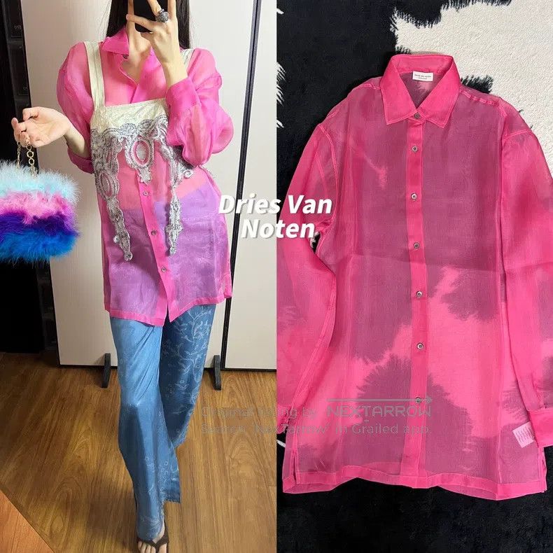 Dries Van Noten Dries Van Noten Pink silk see-through shirt Size L / US 10 / IT 46 - 1 Thumbnail