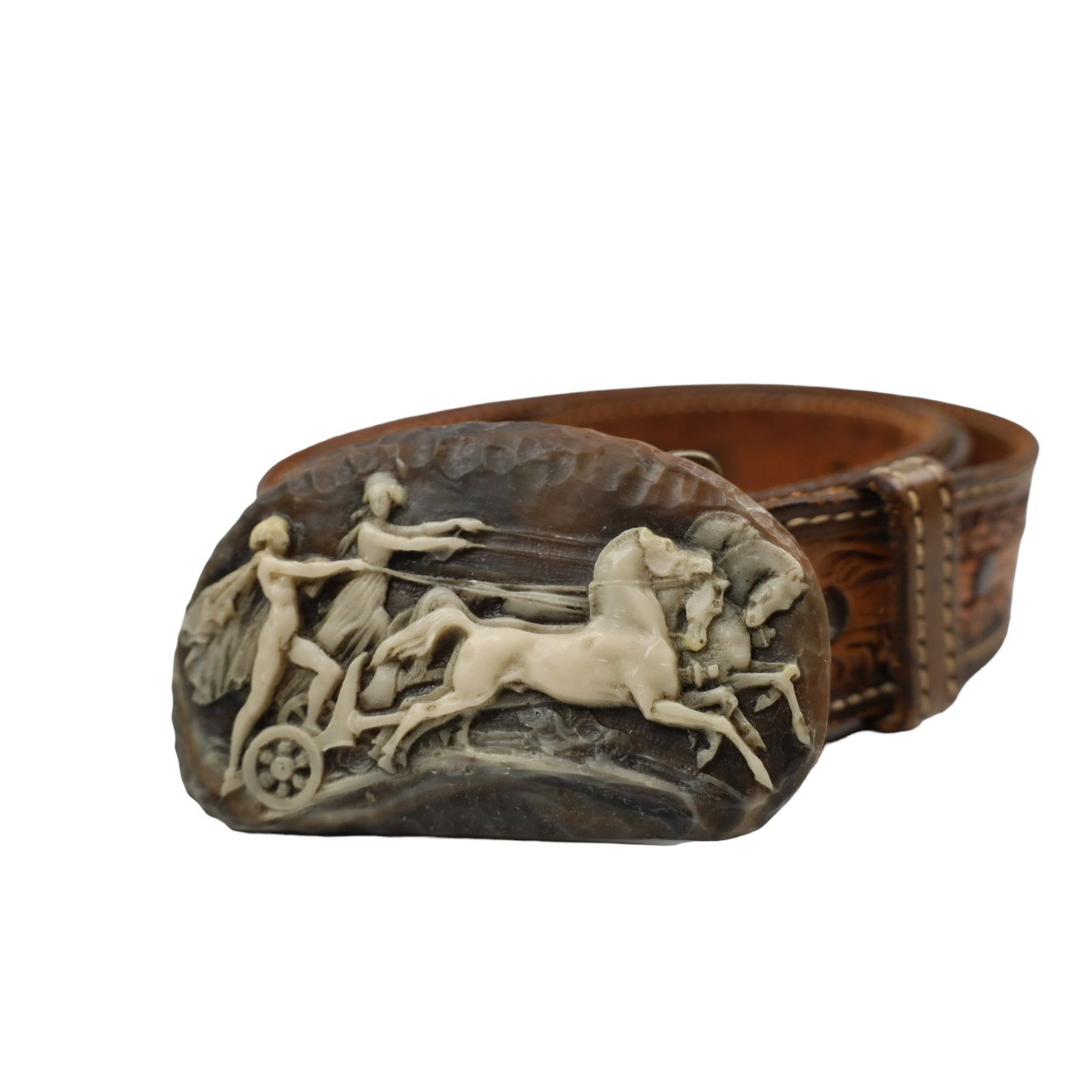 Vintage Vintage Carves Chariot Belt Buckle TexTan Woven Leather Belt Size 38 - 1 Thumbnail