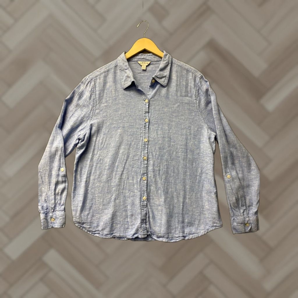 Orvis Orvis Shirt Women's XL Blue Button-Up Long Sleeve Linen Blend Regular Fit Breathable Easy Care Classic Beach Outdoor Fishing Size XL / US 12-14 / IT 48-50 - 1 Thumbnail