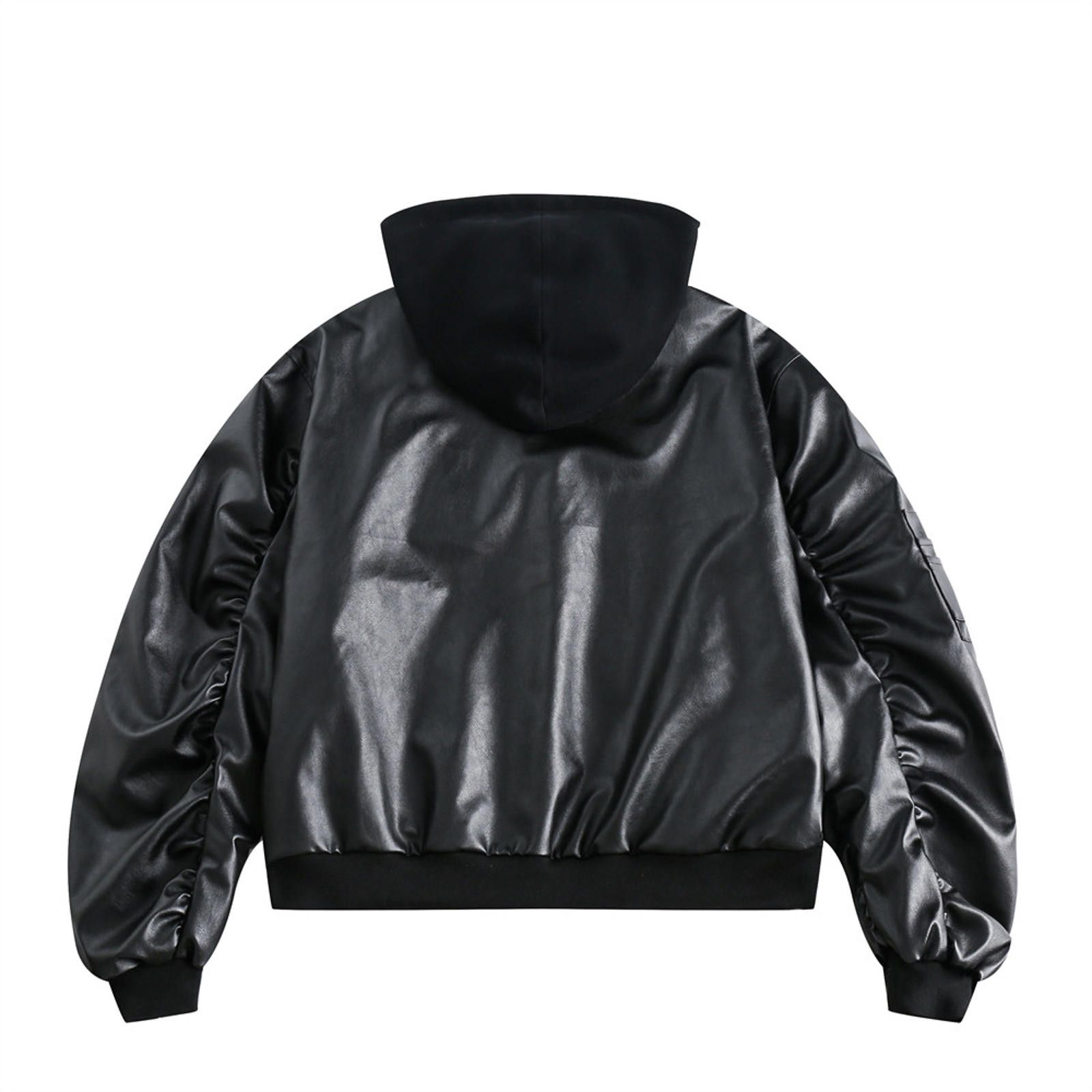 Leather Stylish Black Faux Leather Bomber Jacket with Hood Size US M / EU 48-50 / 2 - 2 Thumbnail
