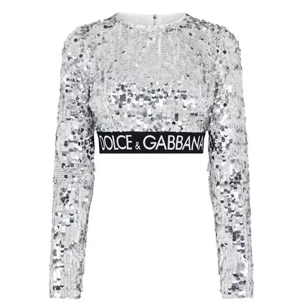 Dolce & Gabbana o1g2r1mq1024 Sequin Tape Long Sleeve Top in Silver Size XS / US 0-2 / IT 36-38 - 1 Thumbnail