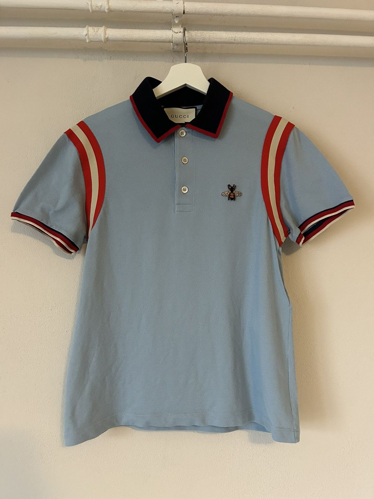 Gucci Bee Embroidered Polo Shirt - Light Blue Size M