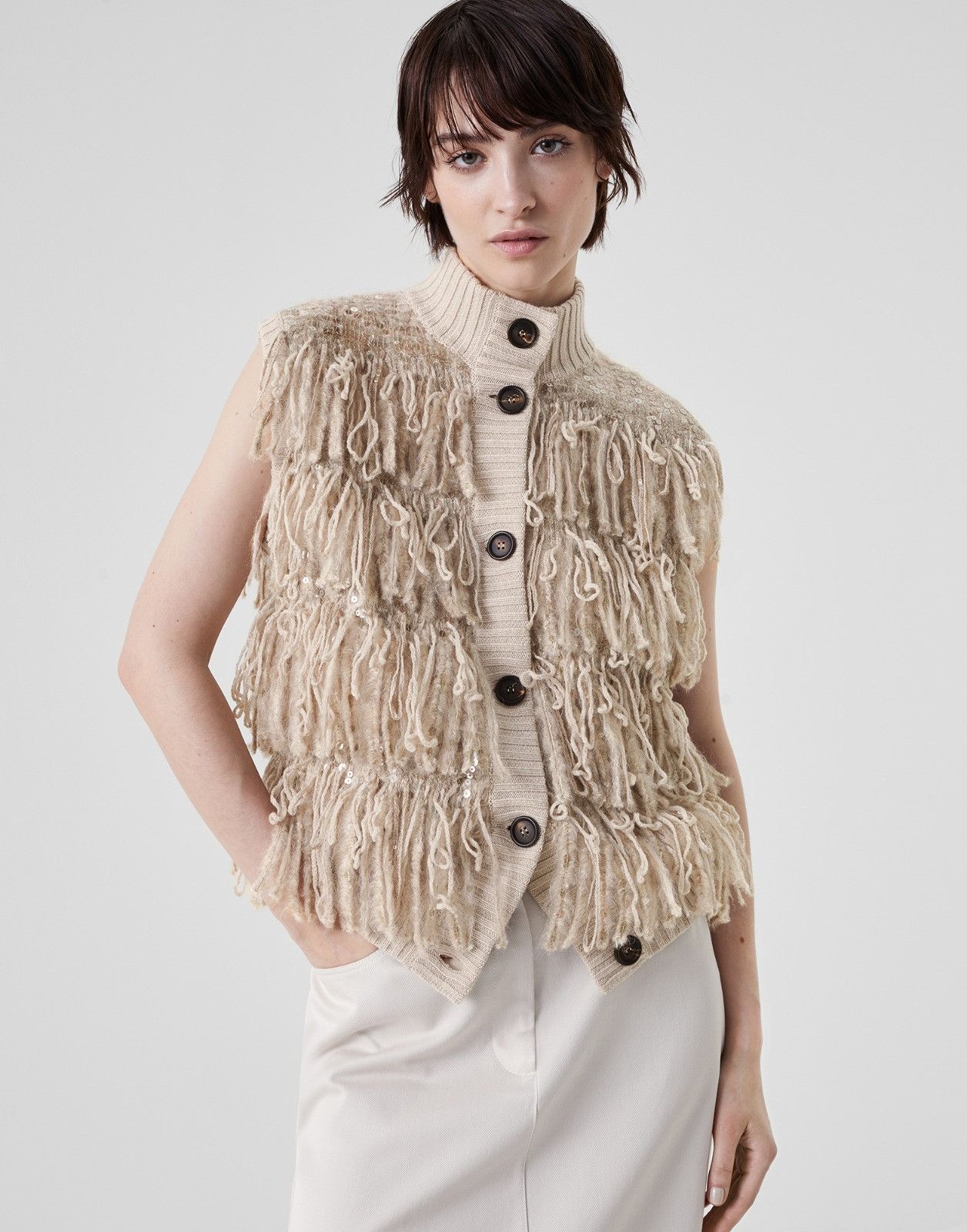 Brunello Cucinelli o1la1rc1a0225 Vest With Fringes in Beige Size L / US 10 / IT 46 - 1 Thumbnail
