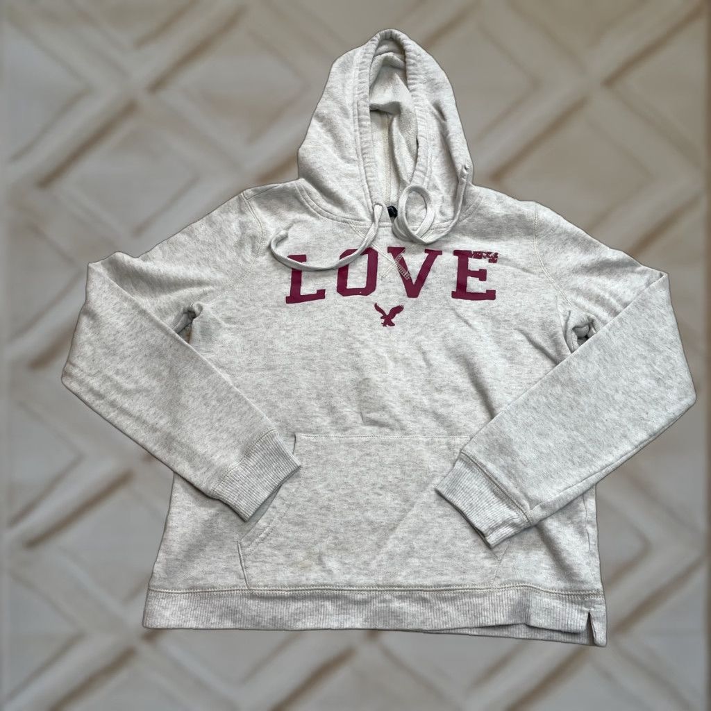 American Eagle Outfitters VINTAGE American Eagle Sweatshirt Hoodie Womens Small Gray Love Logo Hooded Pullover Size S / US 4 / IT 40 - 1 Thumbnail