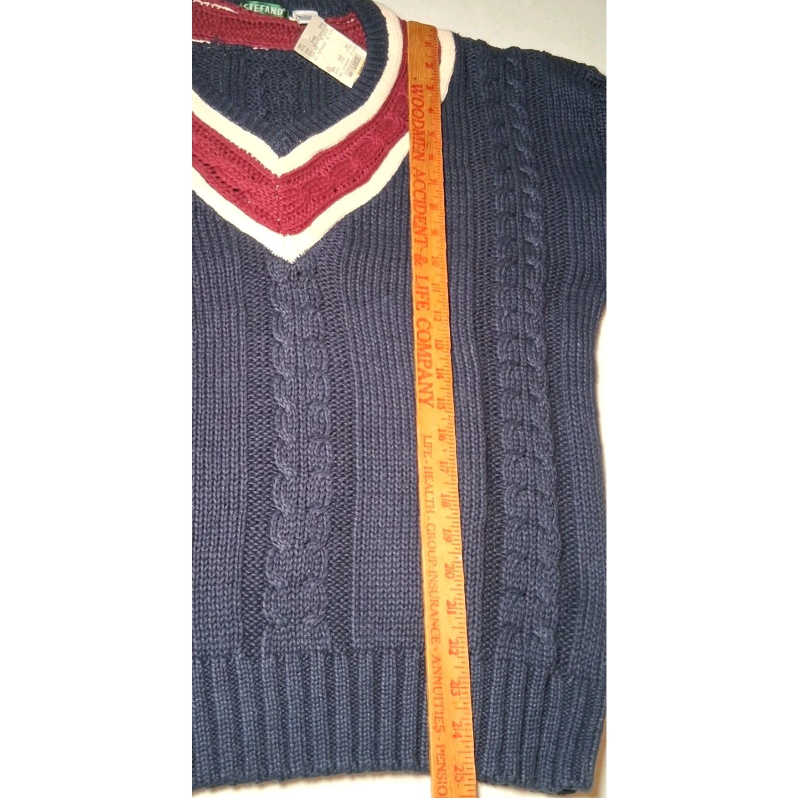 Vintage VINTAGE Stefano Sweater, Cable-Knit, V Neck, Blue, L, Men, 90s Preppy Academia, Navy Maroon, Pullover, Regular Fit Size US L / EU 52-54 / 3 - 6 Thumbnail