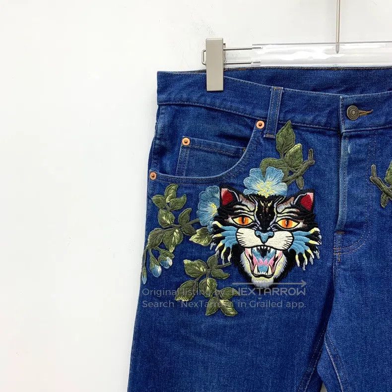 Gucci Gucci Dark blue floral tiger embroidered cotton casual den Size 42" / US 20 - 3 Thumbnail
