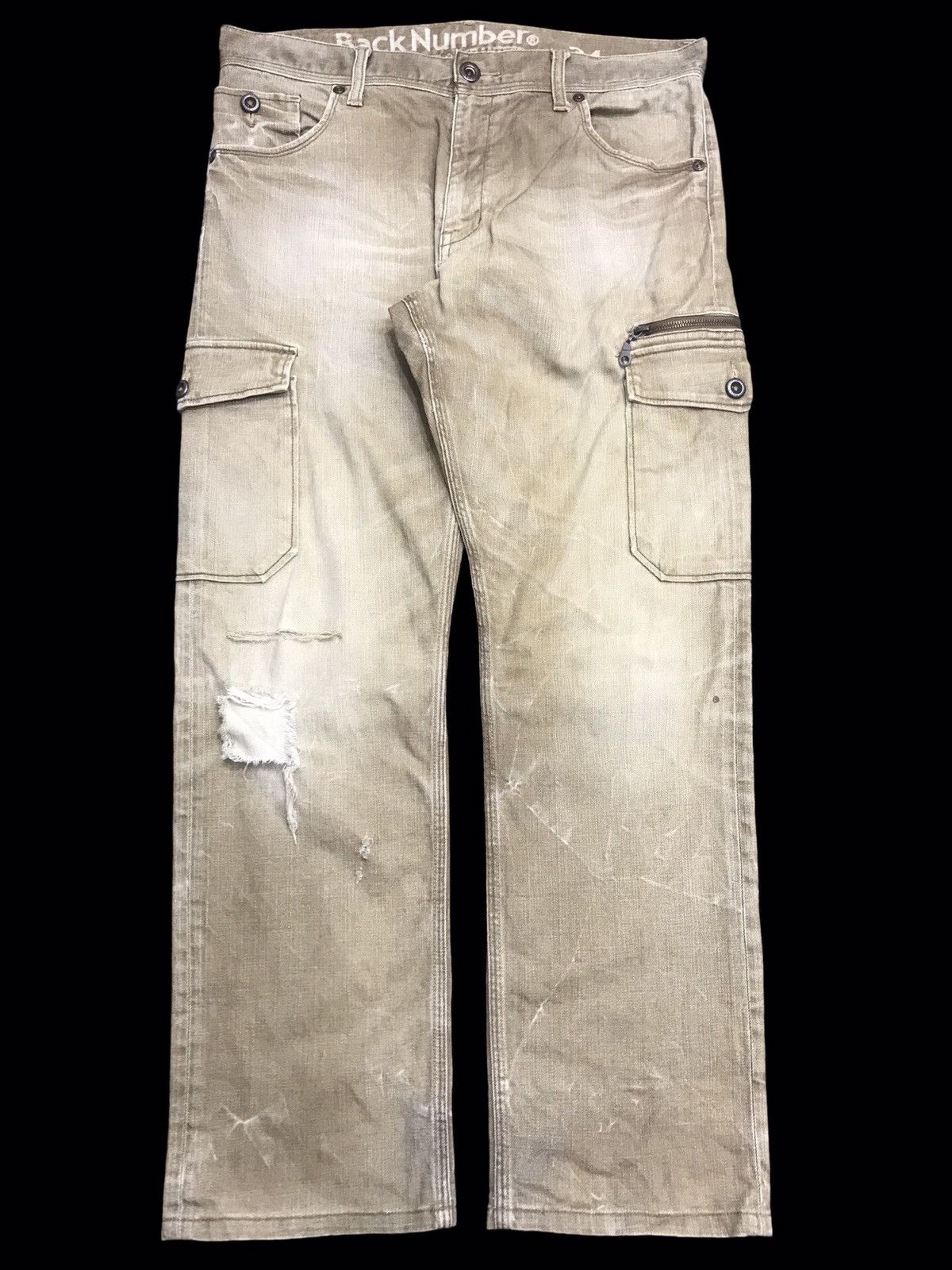 Japanese Brand 💥THRASHED💥BACK NUMBER TAN DISTRESSED CARGO DENIM F367 Size US 35 - 1 Thumbnail