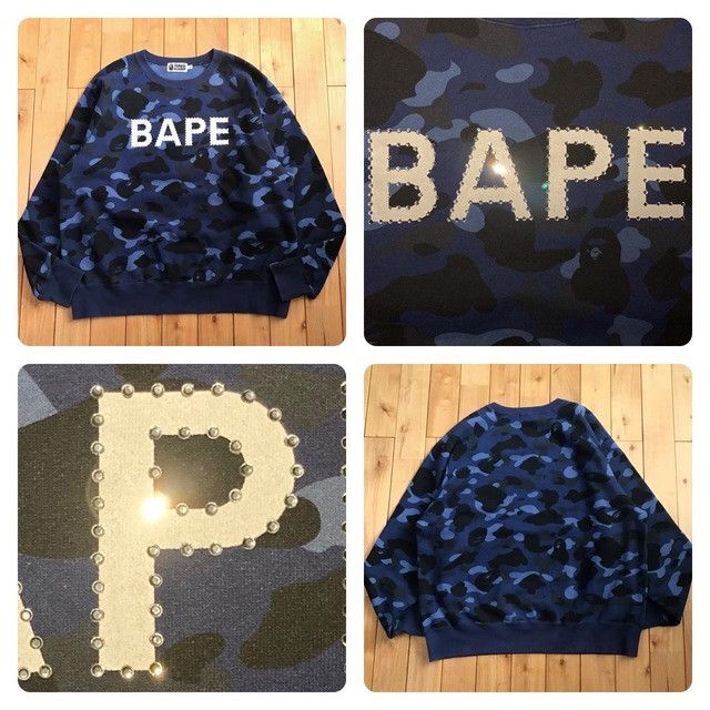 BAPE LOGO Crystal Stone sweat shirt a bathing ape blue camo