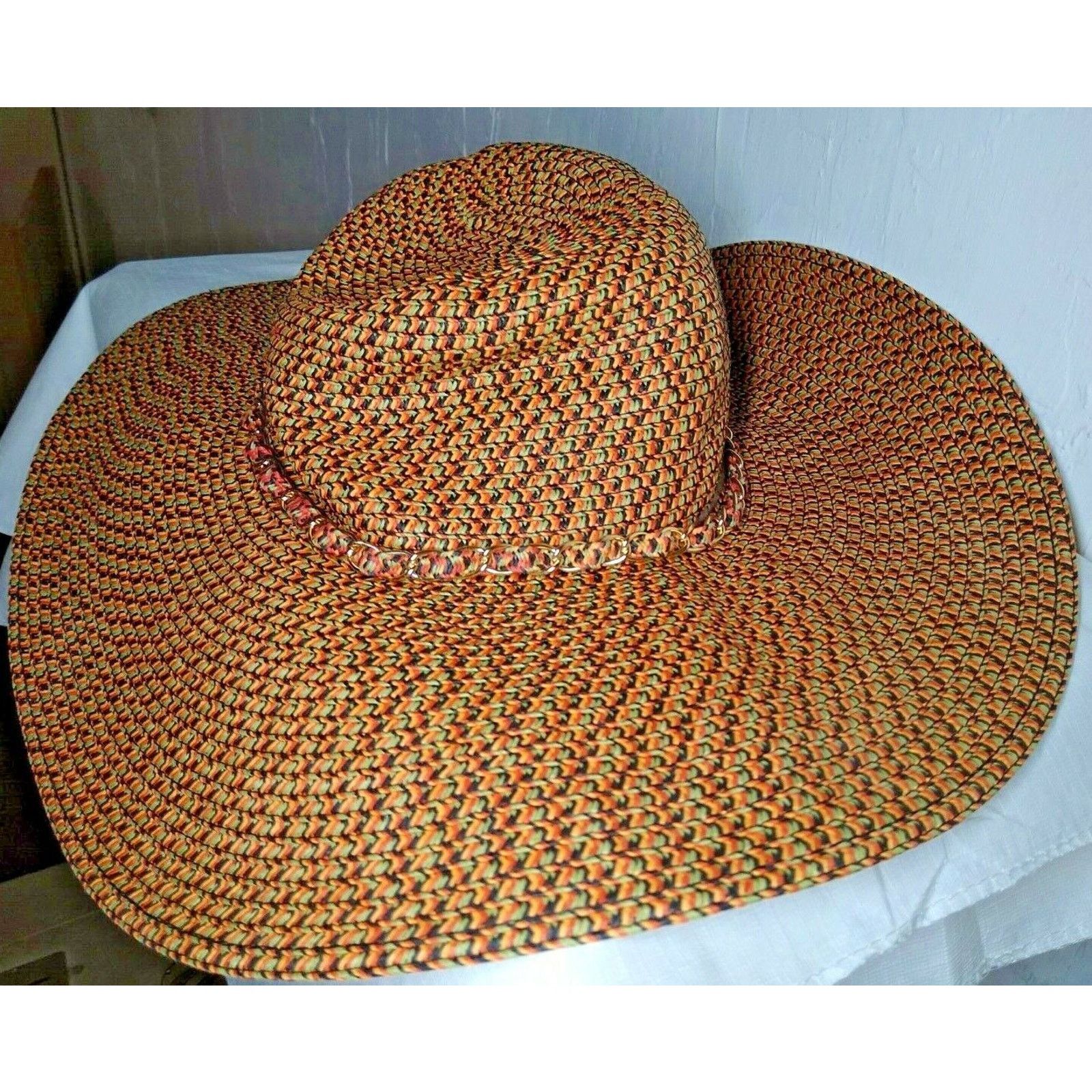 The Unbranded Brand Ladies Large Fashion Hat Floppy Orange/Brn Gold Chain Accent Size ONE SIZE - 3 Thumbnail