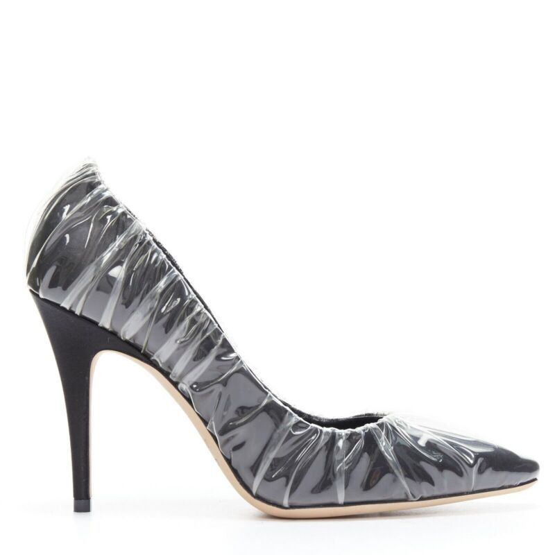 Jimmy Choo OFF-WHITE JIMMY CHOO black satin point transparent ruche high heel shoes EU38 Size US 8 / IT 38 - 1 Thumbnail