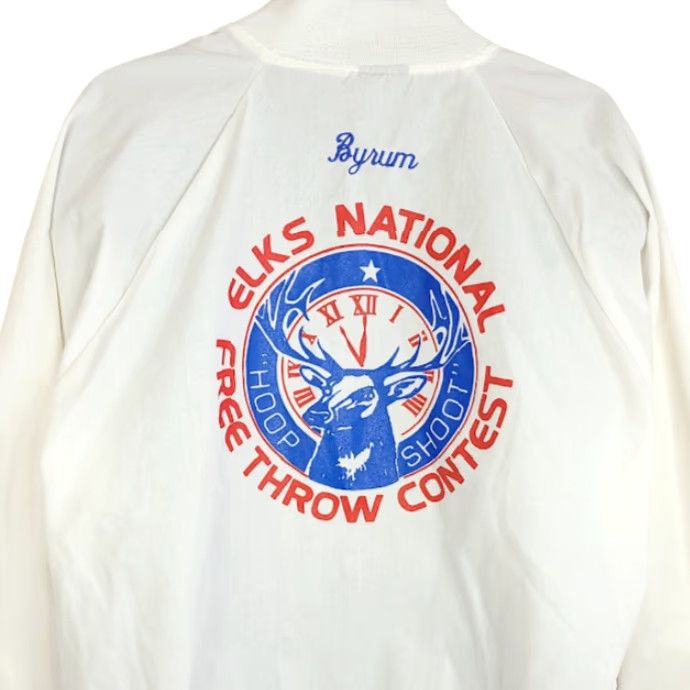 Vintage VINTAGE Elks National Hoop Shoot Bomber Jacket Mens XL 80s Made In USA Nemesis White Cotton Snap Front Sports Basketball Mens Size US XL / EU 56 / 4 - 3 Thumbnail