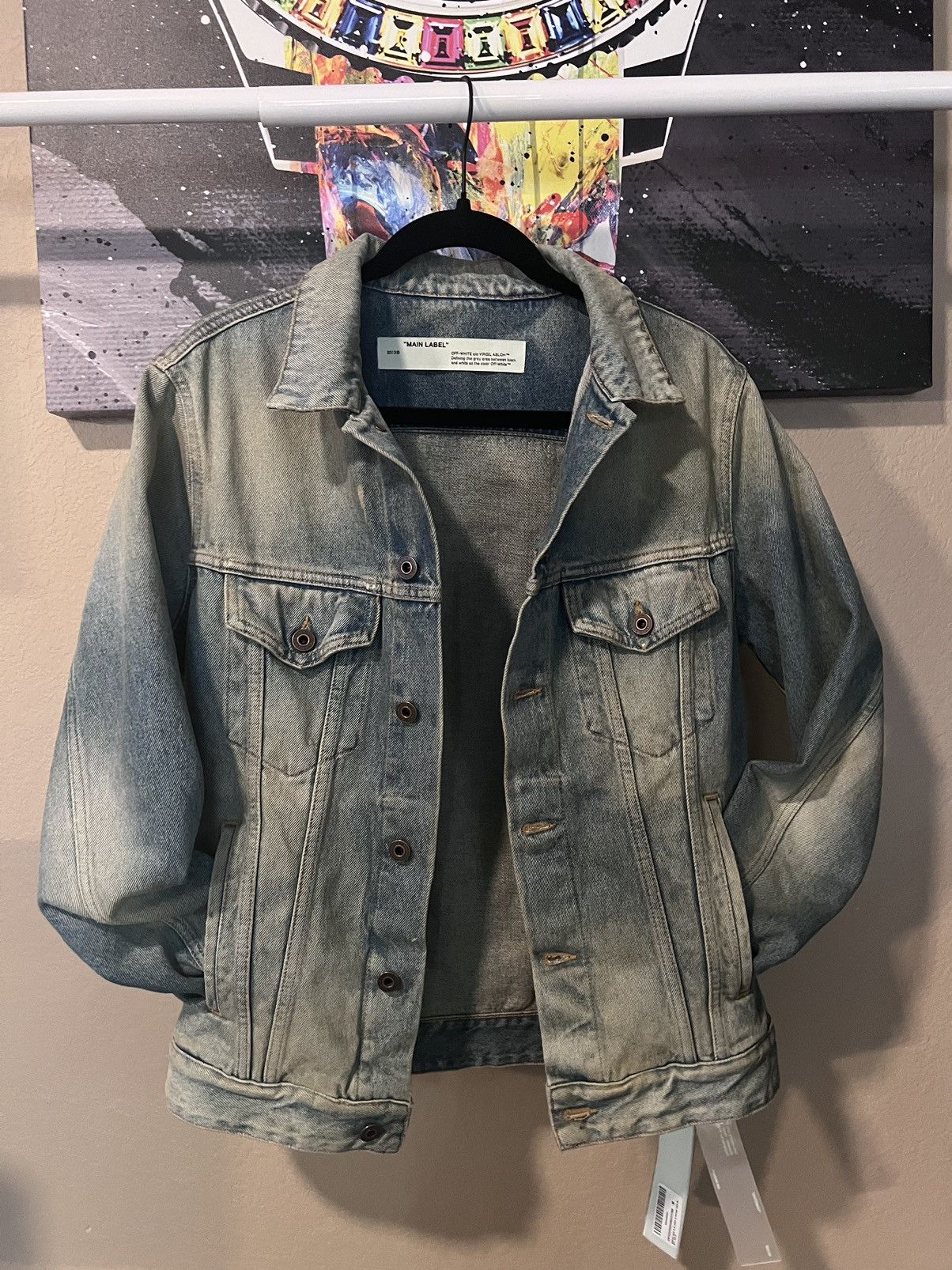 image of Off White Off-White Airport Tape Denim Jacket in Blue, Men's (Size Medium)