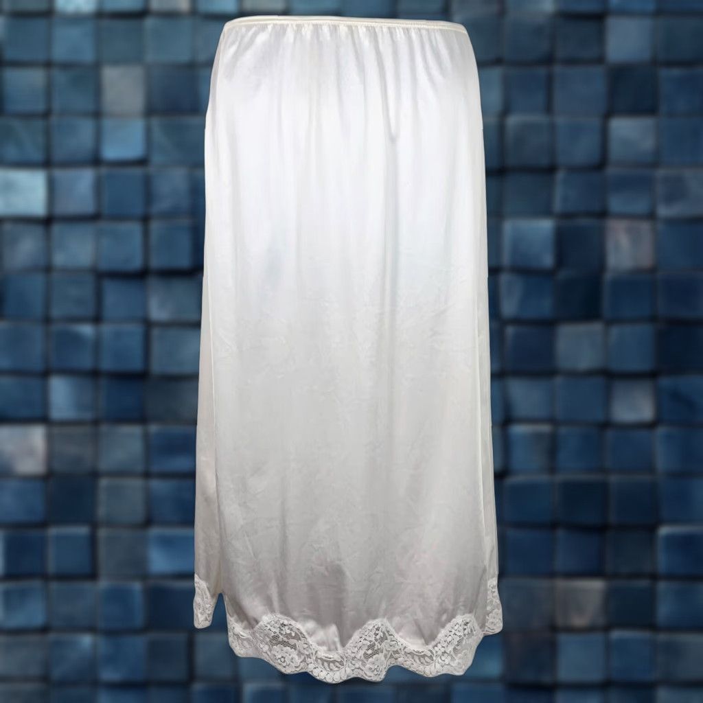 VINTAGE Adonna Slip Skirt White Satin Lace Trim Side Slit Medium