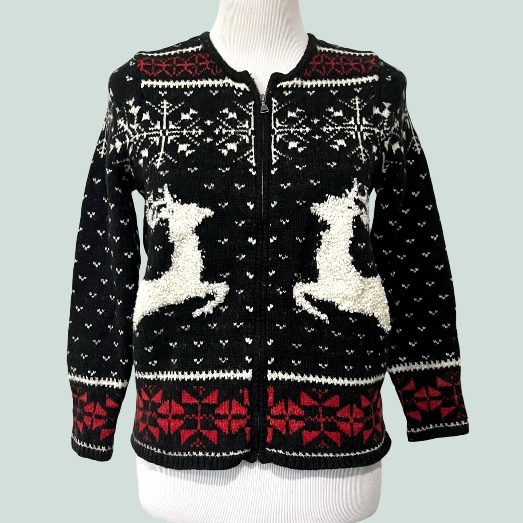 J. Jill VINTAGE J.Jill Sweater Fair Isle Black White Reindeer Holiday Christmas Cardigan XS Petite Women XS Black Fair Isle Reindeer Christmas Womens Size XS / US 0-2 / IT 36-38 - 1 Thumbnail
