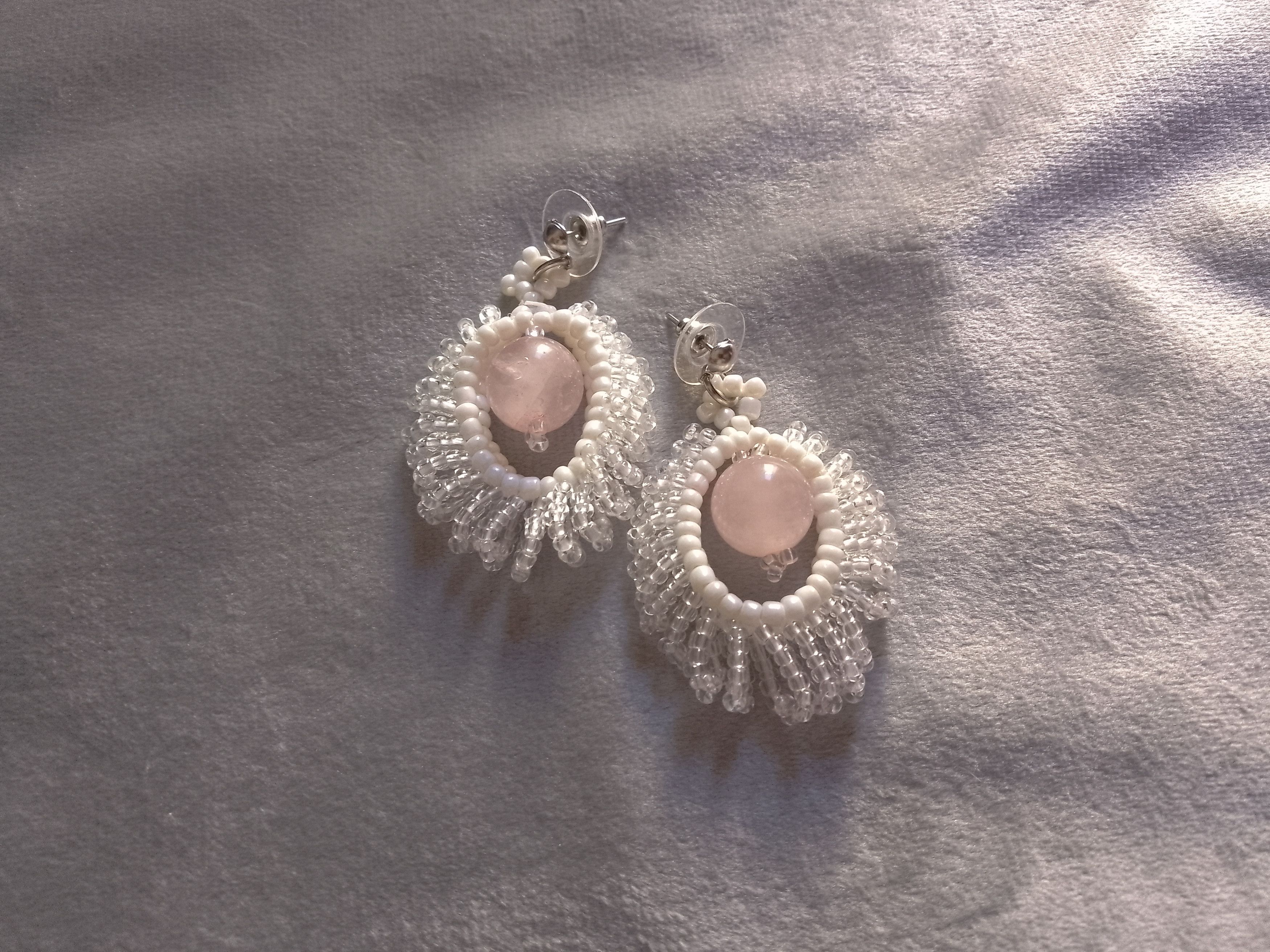 Handmade Earrings. Rose quartz. Glass beads. Circle shape. Elegant Size ONE SIZE - 1 Thumbnail