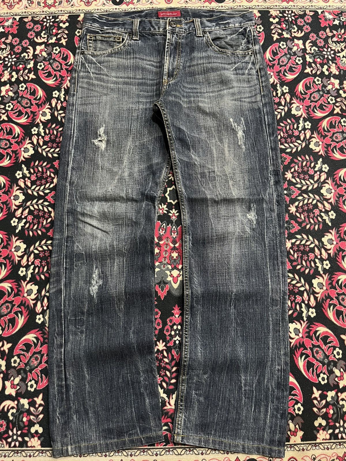 Le Grande Bleu (L.G.B.) Vintage Anti Label Embroidery Slogan Rhinestone Dark Jeans Size US 33 - 1 Thumbnail