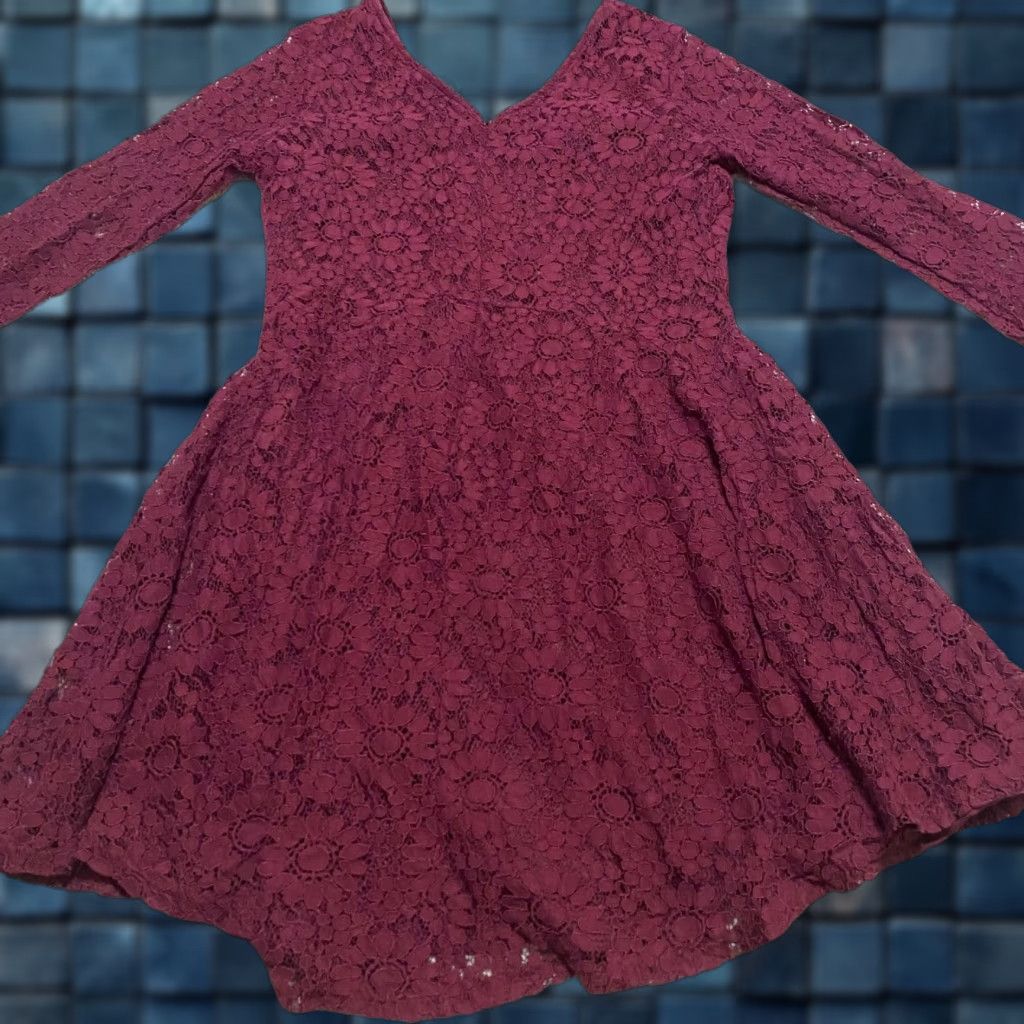 Vintage American Rag Cie Dress Womens Large Burgundy Lace Bell Sleeve Fit & Flare Short Dress L Size L / US 10 / IT 46 - 1 Thumbnail
