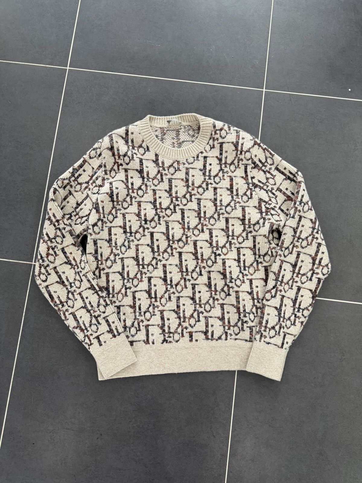 Dior Oblique Sweater Beige and Brown Virgin Wool Jacquard