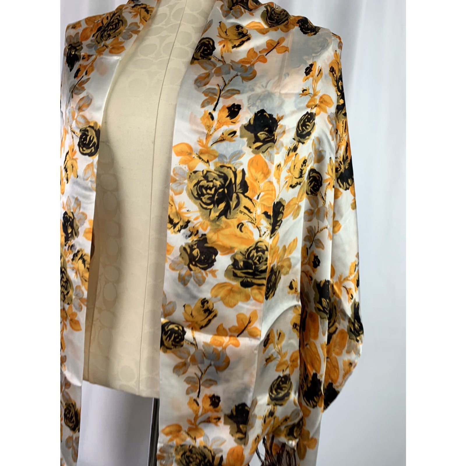 Vintage VINTAGE New Silk Scarf Orange Rose Floral Scarf Brown Fringe 21 x 62" Silk Floral Roses Orange Womens Scarf Size ONE SIZE - 6 Thumbnail