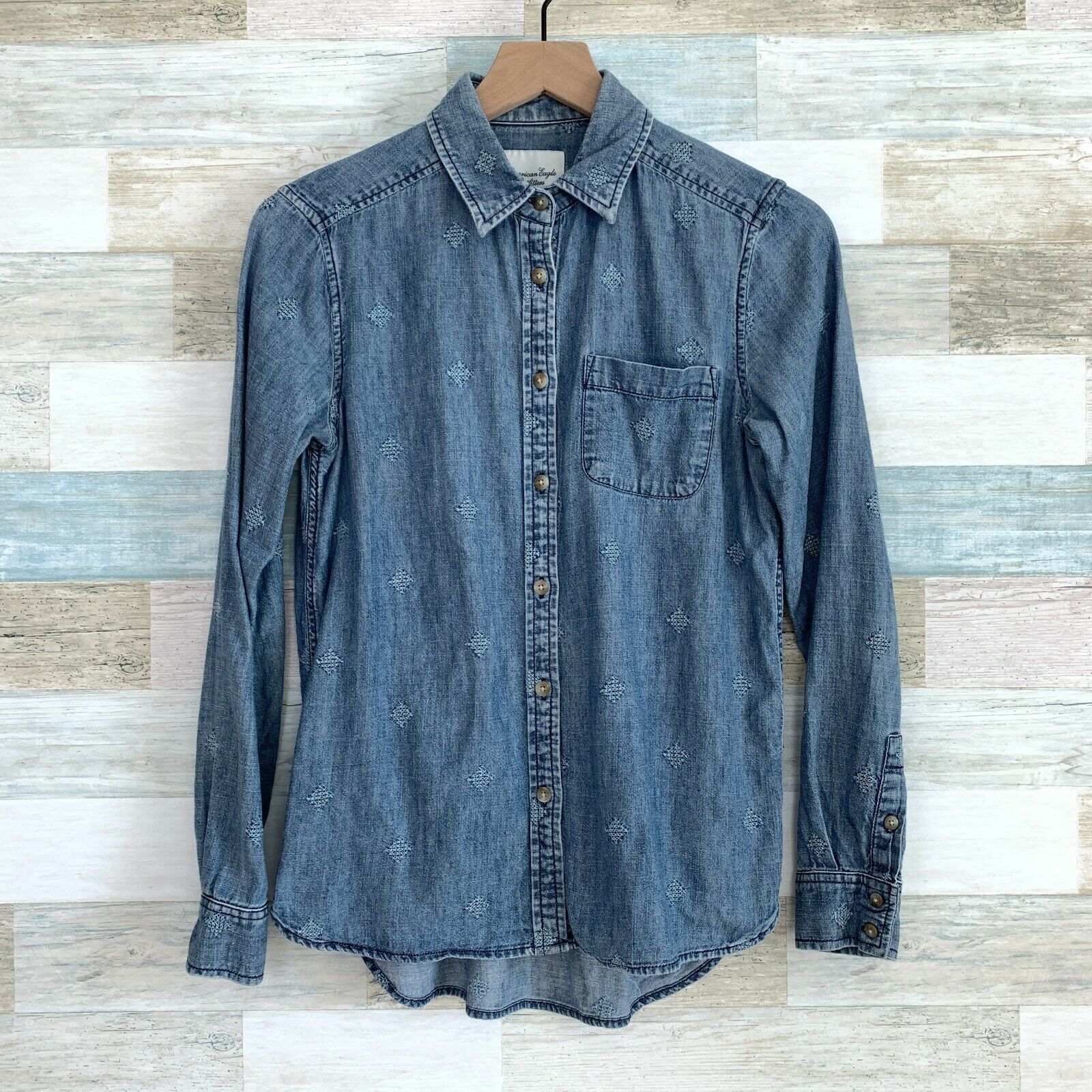 American Eagle Outfitters American Eagle Embroidered Denim Shirt Blue Boho Womens XS Size XS / US 0-2 / IT 36-38 - 1 Thumbnail