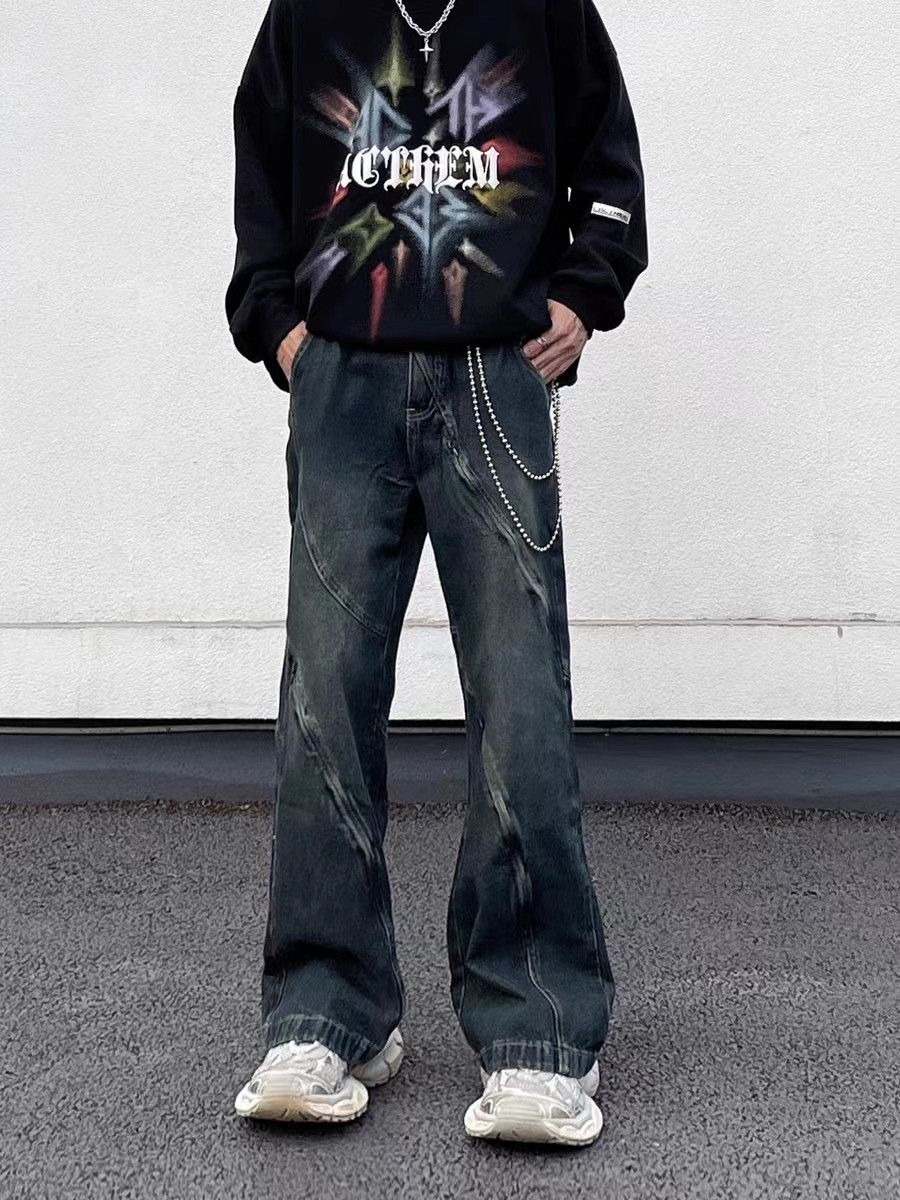 Vintage distressed patchwork zipper bootcut jeans