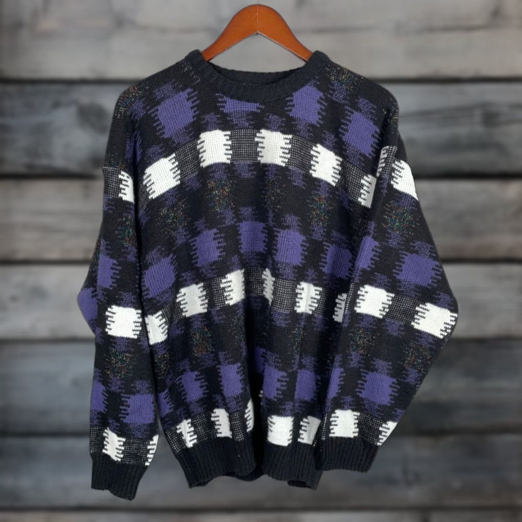 Vintage Vintage Protege 80s Crewneck Sweater Men’s Large Knit Argyle Check Pattern Retro 90s Black Purple Size US L / EU 52-54 / 3 - 1 Thumbnail