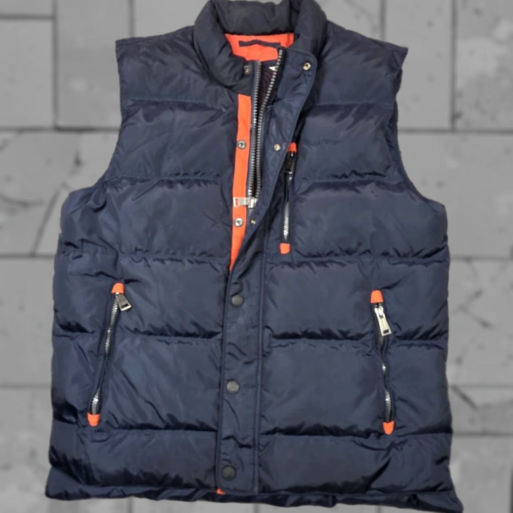 Orvis Essex Duck Down Blue Orange Quilted Puffer Vest Jacket M Adjustable waist
