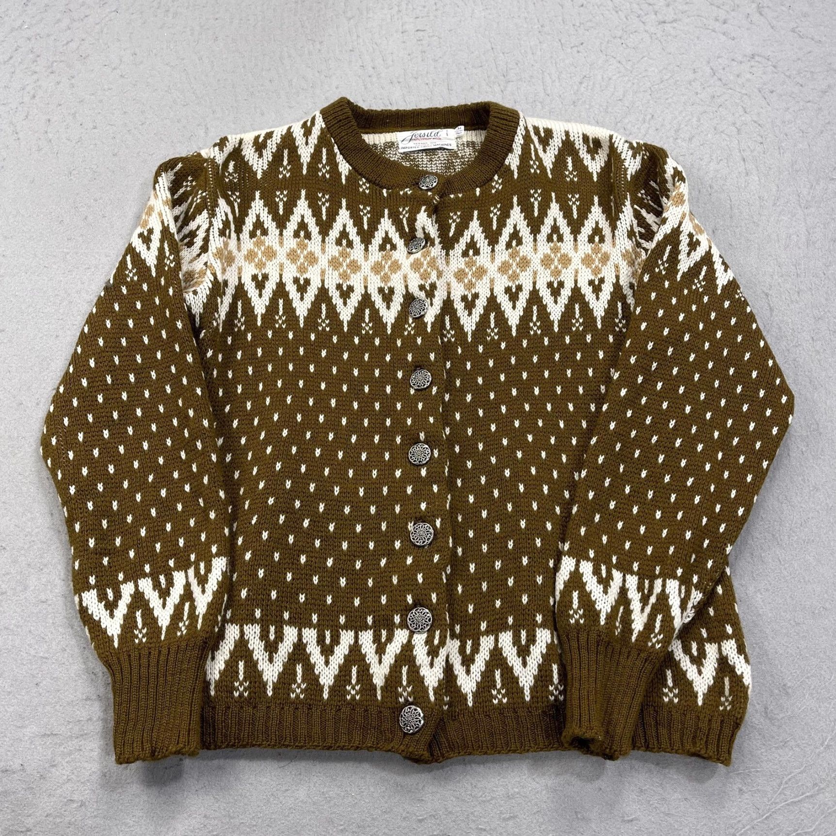 Vintage VINTAGE Jersild Cardigan Womens M Brown 100% Wool Fair Isle Crew Neck Button-Front Knit Size M / US 6-8 / IT 42-44 - 2 Thumbnail