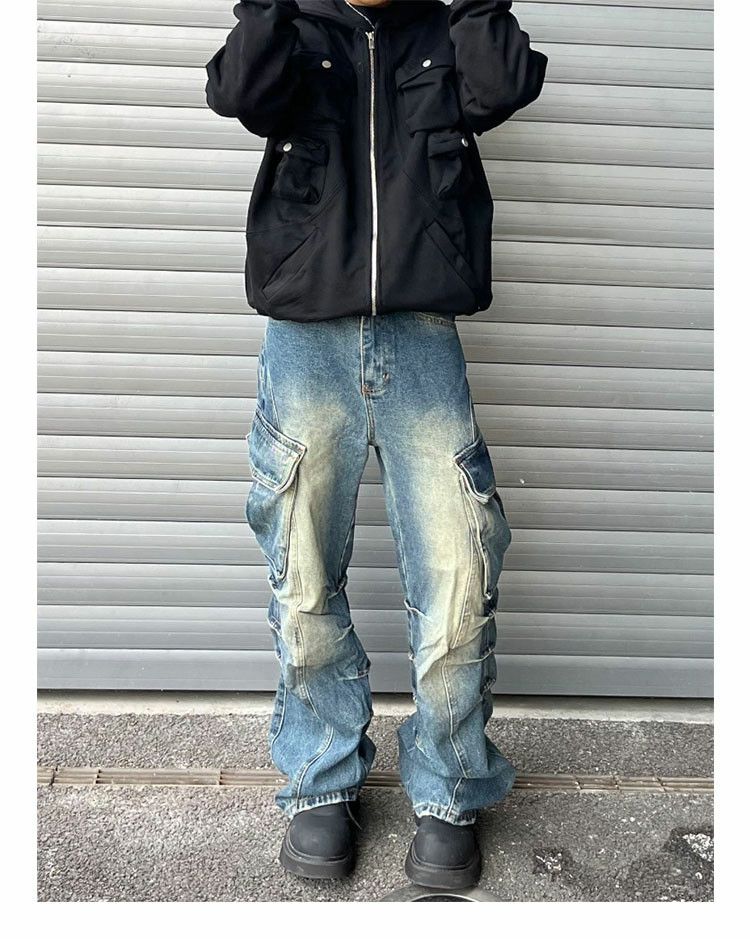 washed faded flared cargo grunge jeans