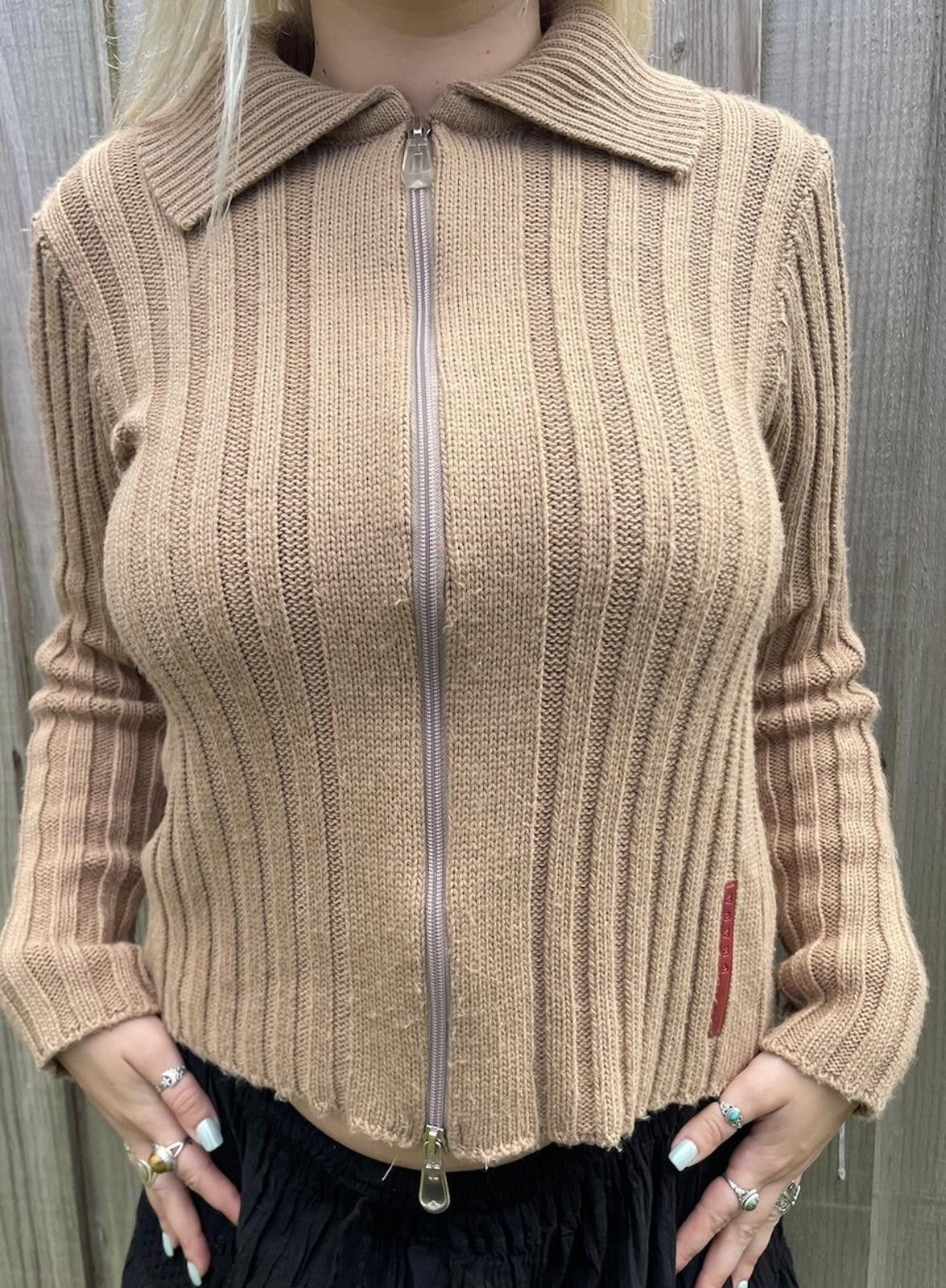 Designer Vintage 90s Prada Ribbed Collared Wool Zip Up Jacket Size M / US 6-8 / IT 42-44 - 1 Thumbnail