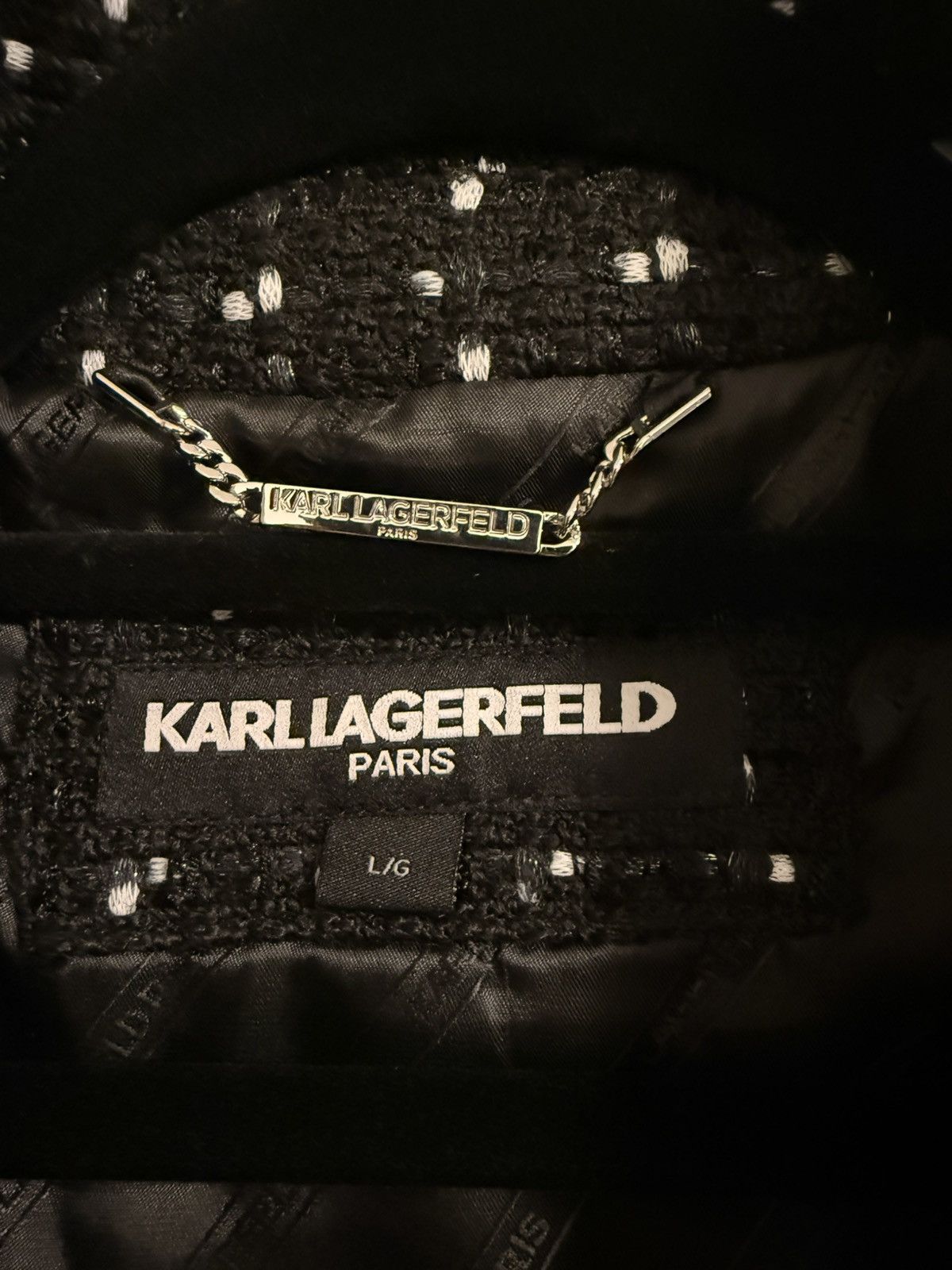 Karl Lagerfeld KARL LAGERFELD Logo Enamel Pin Tweed Moto Jacket In Black Size L / US 10 / IT 46 - 3 Thumbnail