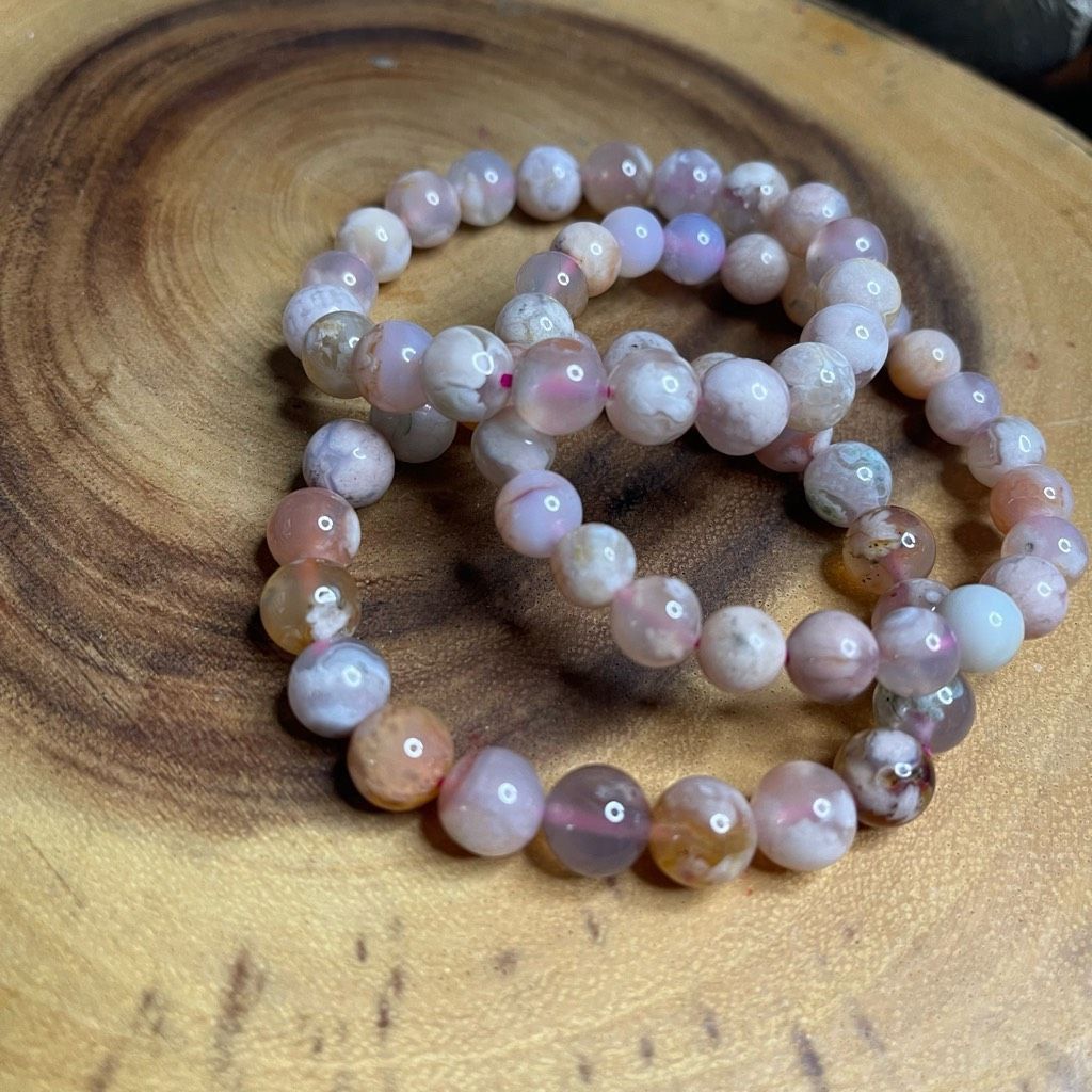 Other Pink green Flower Agate stretch beaded bracelet 7” crystal healing beads 8mm ONE NEW Size ONE SIZE - 7 Thumbnail