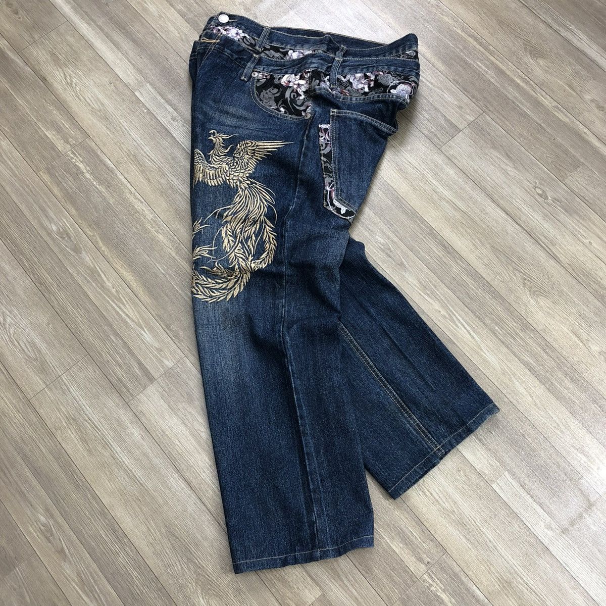 Ed Hardy 2000s Japanese Brand Double Waist Phoenixs Embroidered Jeans Size US 32 / EU 48 - 15 Thumbnail
