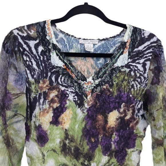 Alberto Vtg Artsy Alberto Makali Mixed Media Crinkle Top Blouse Sz Size M / US 6-8 / IT 42-44 - 3 Thumbnail