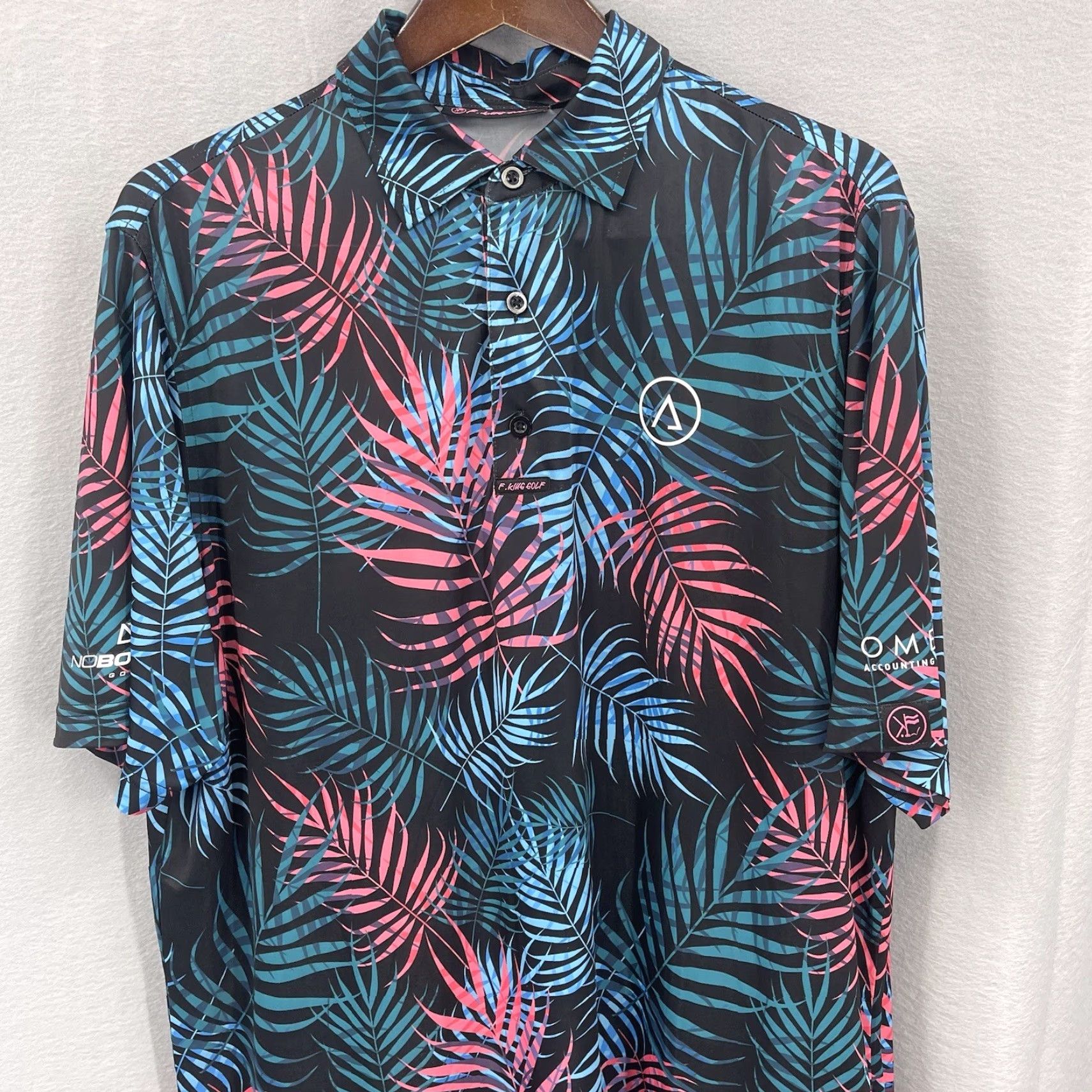 Vintage F.King Golf Polo Shirt Mens L Floral Palms UPF 50 Logo Novelty Preppy Dad Sports Golf Shirt Mens L Black Floral Palm Logo UPF 50 Size US L / EU 52-54 / 3 - 2 Thumbnail