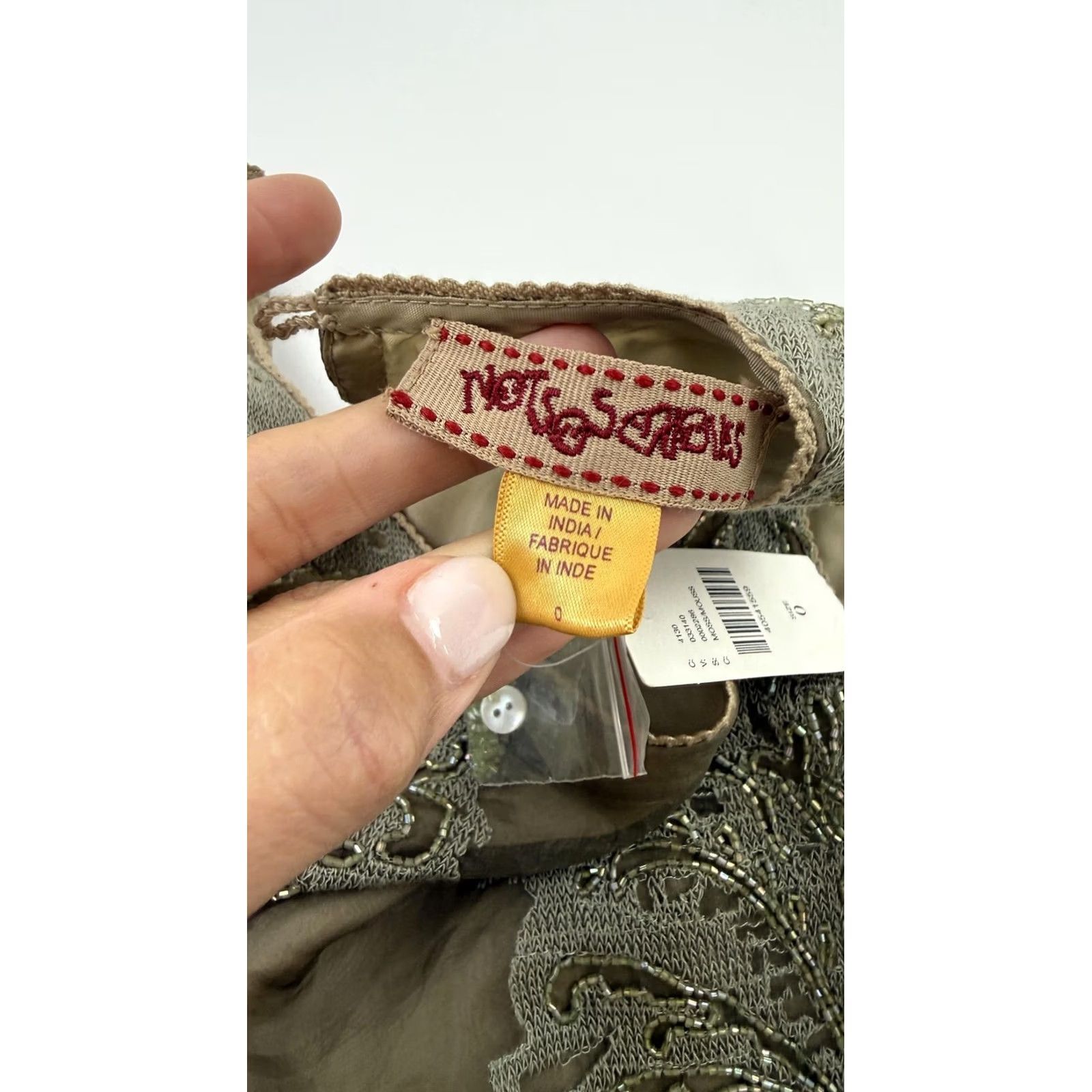 Anthropologie Not So Serious Dress Womens 0 Olive Green Silk Beaded Embroidered Tiered Sheer Size XS / US 0-2 / IT 36-38 - 7 Thumbnail