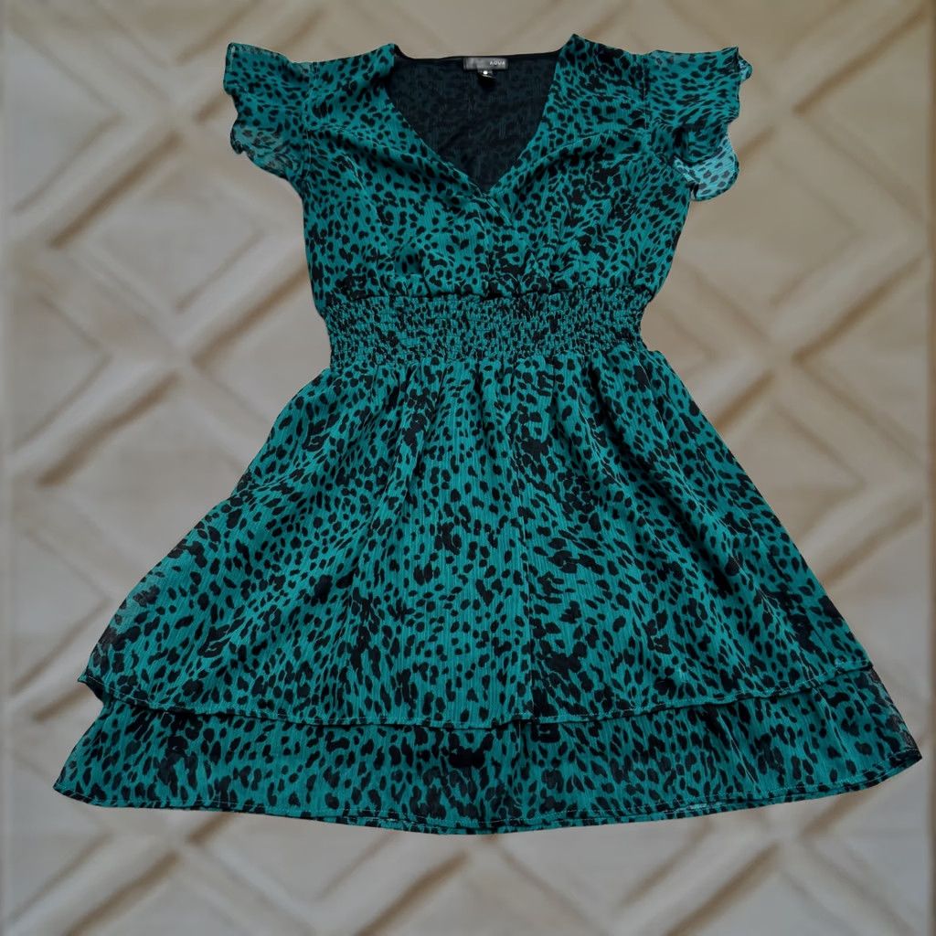 AQUA Aqua Leopard Animal Print Smocked A-Line Mini Dress Womens Small Teal Black Shirt? Size S / US 4 / IT 40 - 1 Thumbnail